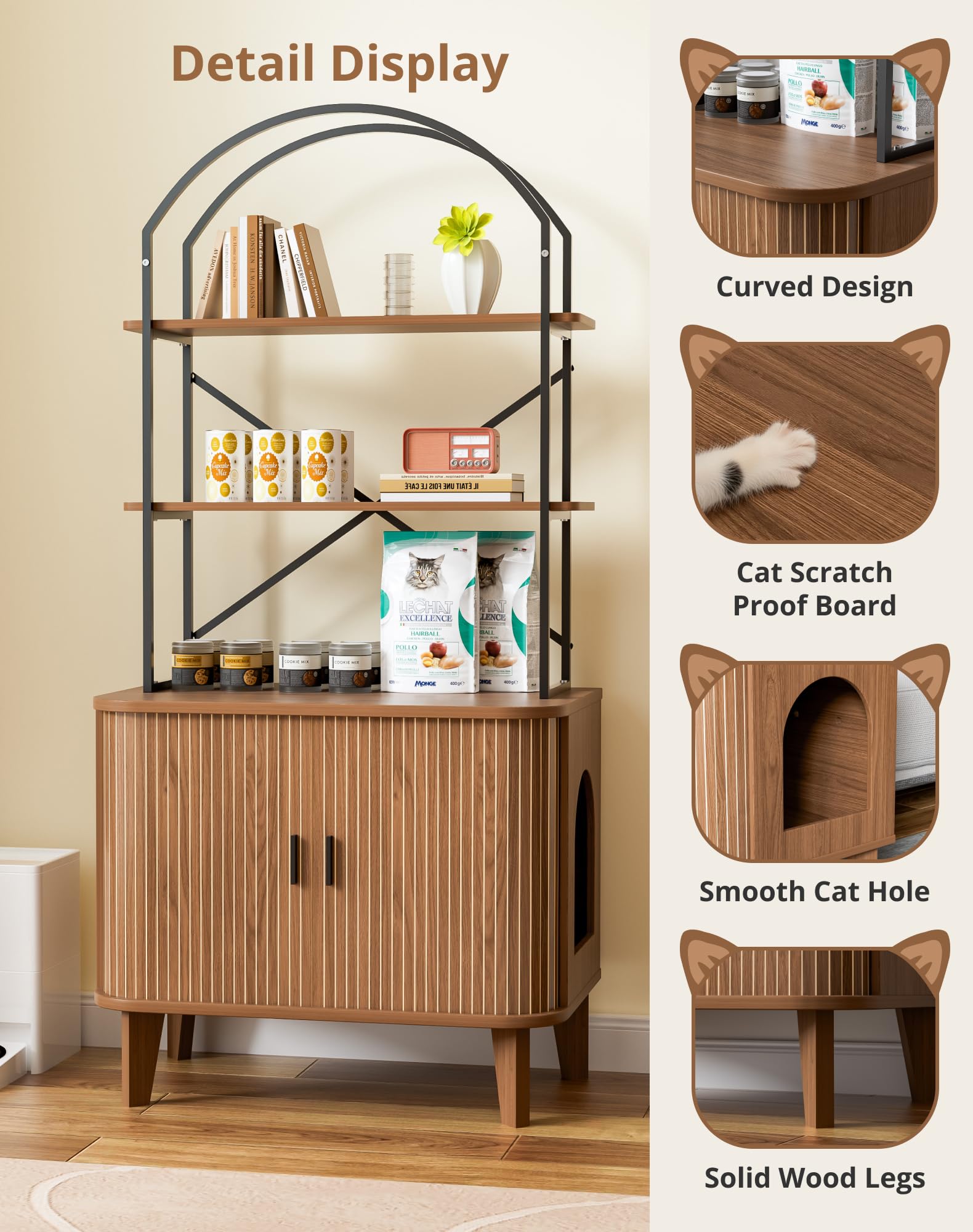 31.5" Cat Litter Box Enclosure,Hidden Litter Box Furniture with 2-Tier Storage Shelves,Wooden Cat Washroom and Pet House with Sliding Tambour Door for Living Room,Walnut - image 3
