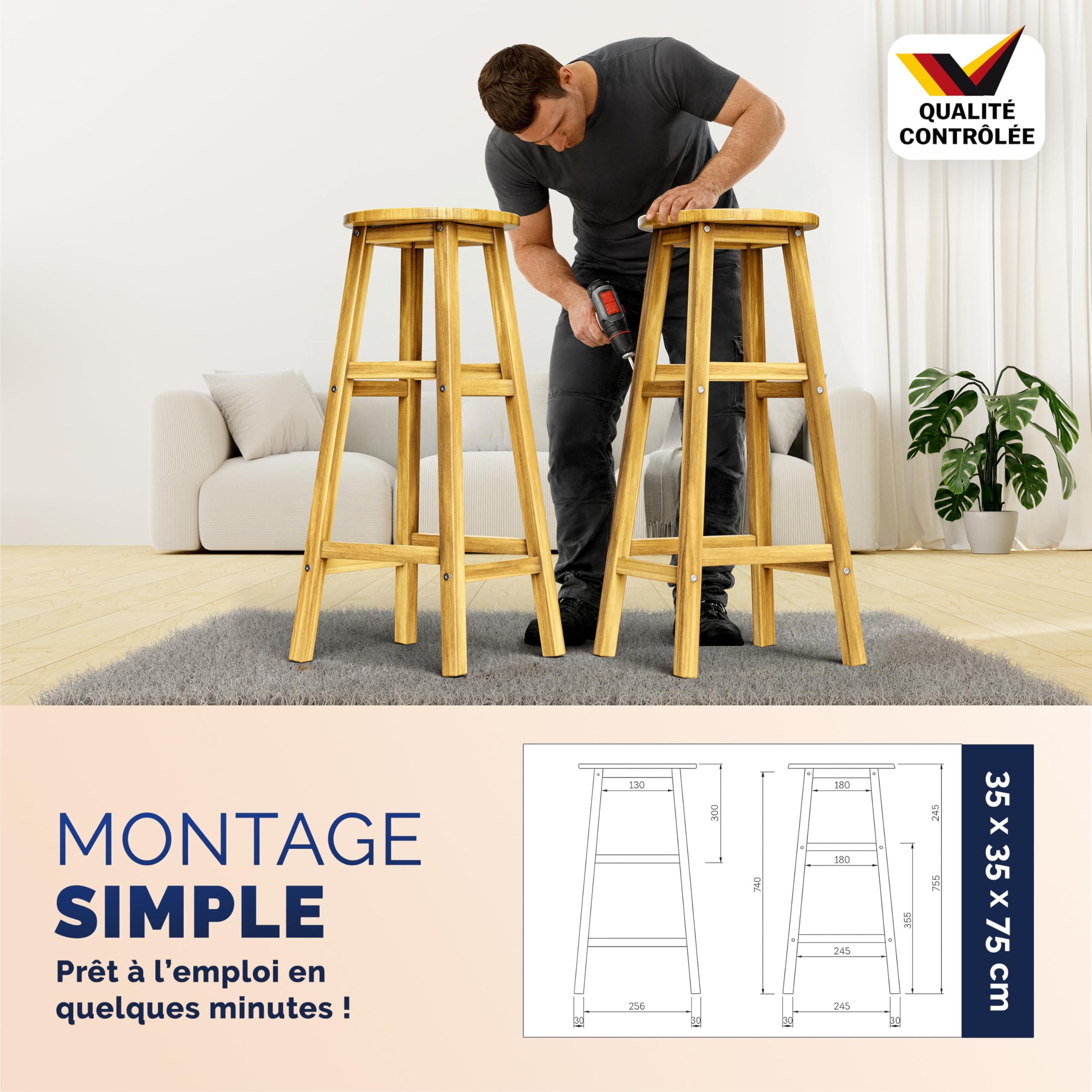 Casaria® 4X Tabourets de Bar chaises Hautes Bois d'acacia Assise Ronde avec Repose-Pieds Hauteur 75 cm Style Rustique