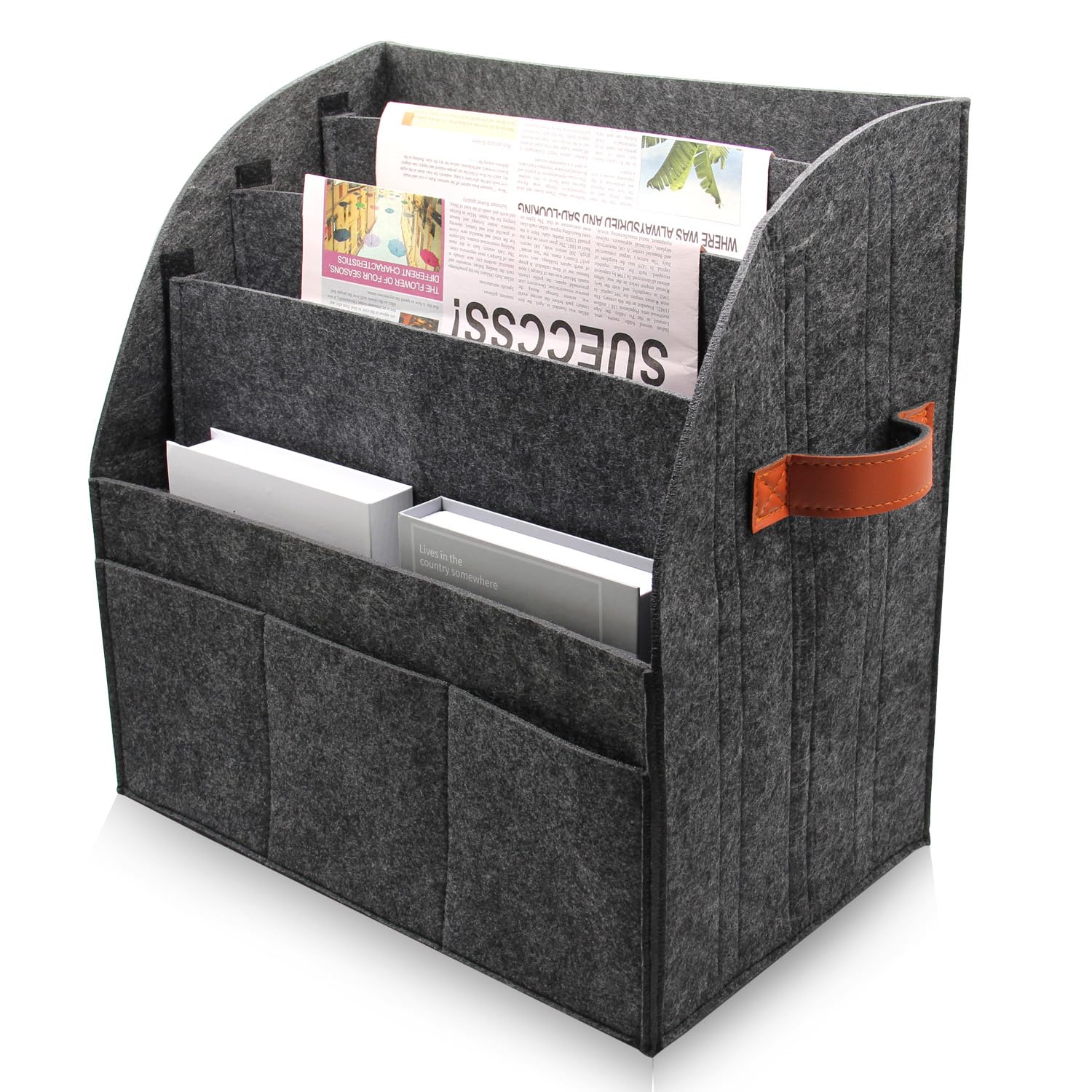 HMOSSVK Foldable magazine storage basket, leather handle felt organizer, can store magazines, newspapers, laptops, glasses, phones and other items, suitable for home or office storage of