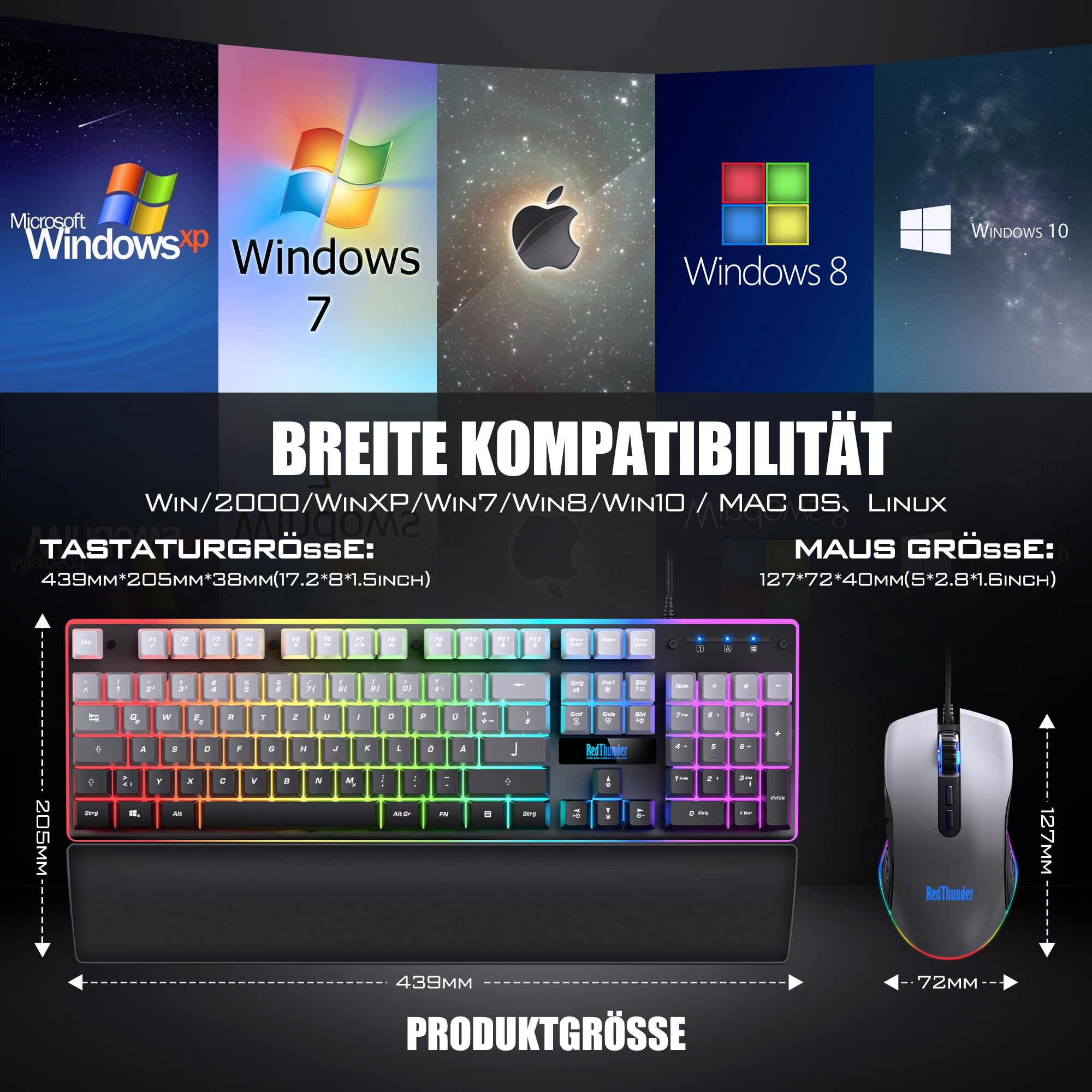 RedThunder K10 - Set tastiera e mouse da gioco (grigio gradiente)