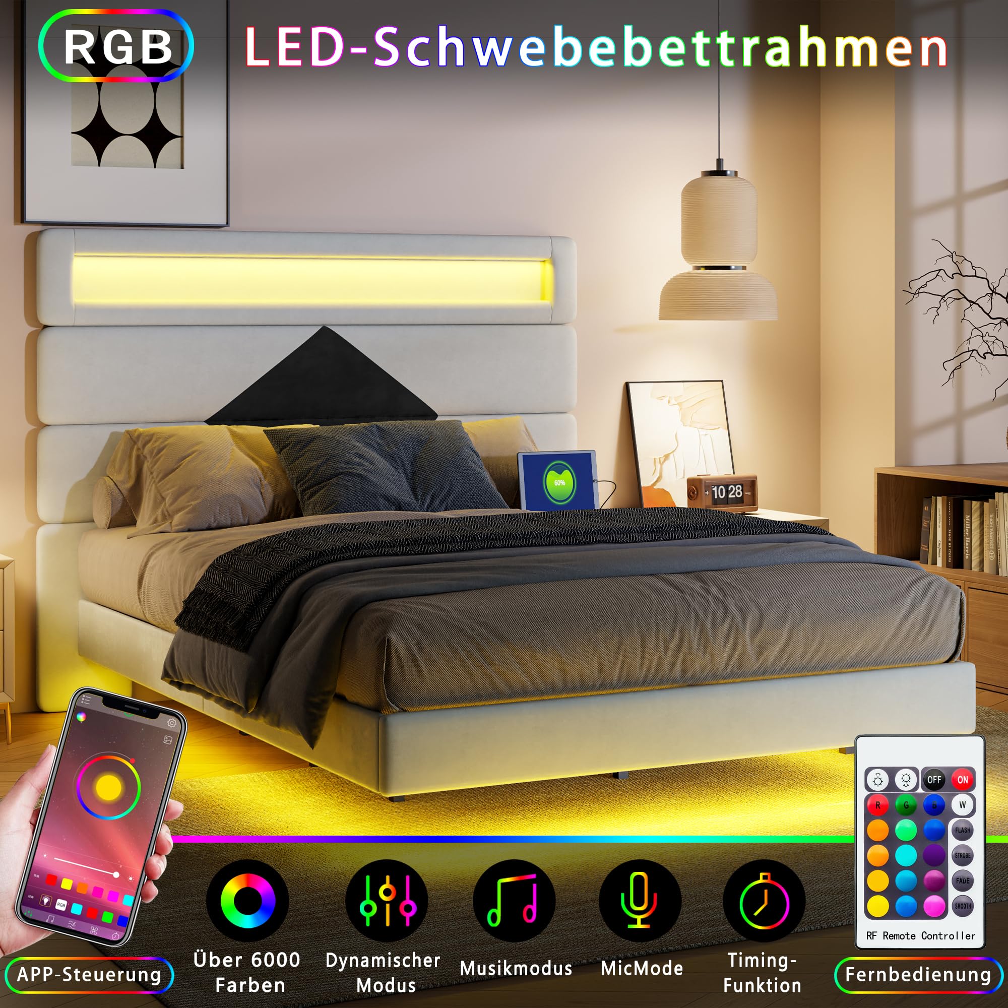 KeepGoon Cama suspendida, Cama Doble de 140 x 190 cm, Tablero de Madera Ajustable,Cama Matrimonio, Puerto USB de Carga Dual + LED, con somier, Cama tapizada, Terciopelo