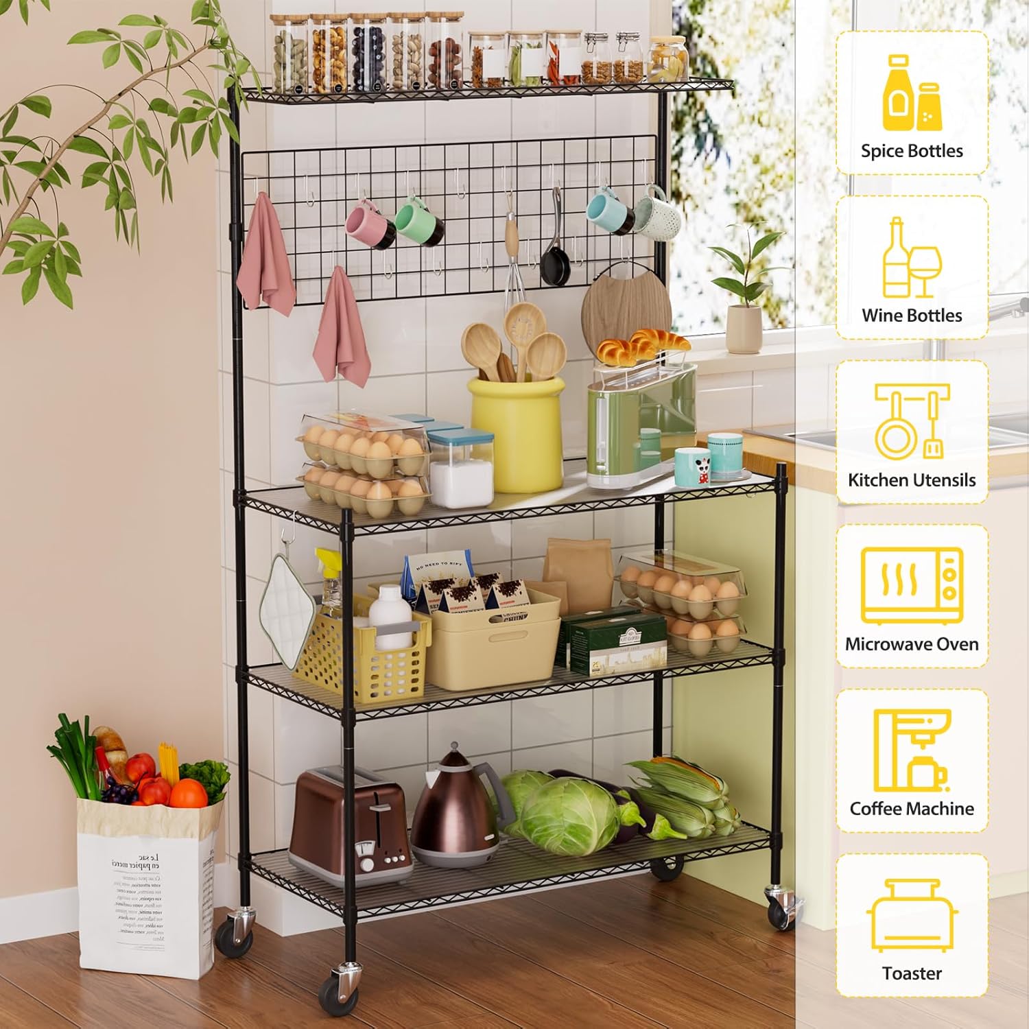 Kitchen Bakers Rack with Storage Shelf Adjustable, Large Microwave Cart with Wheels & 20 S-Hooks, 4-Tier 40in Metal Bakers Rack, Heavy Duty Tall Microwave Stand, Rolling Kitchen Microwave Cart, Black