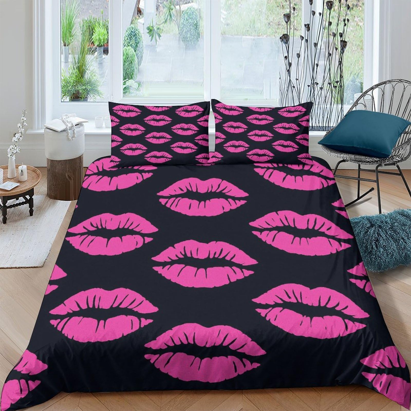 Ctjqhvkz Style-4 3D Printed Pink Lips Fitted Sheet Microfiber Soft Black Bed Sheet Kiss Pattern Mattress Cover For Bedroom Decor Single（135X200cm）