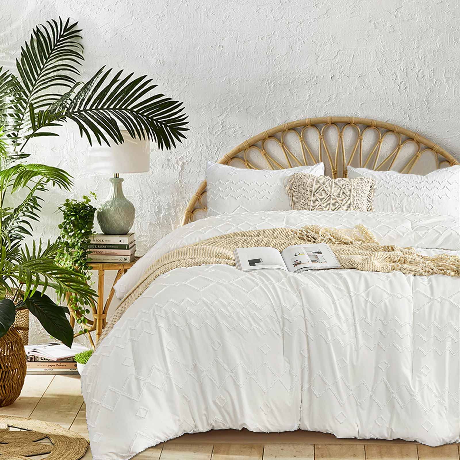 Nanko White Queen Comforter Set Boho Tufted Jacquard Soft Shabby Chic