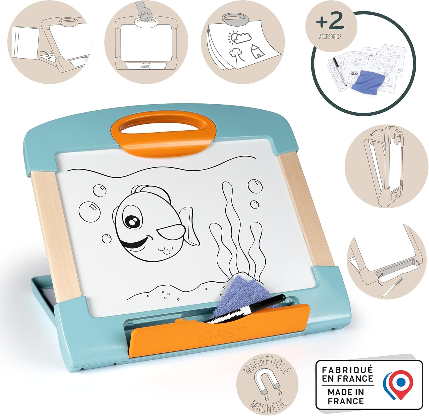 Smoby - Wooden Travel Board - Erasable and Magnetic Board for Children - Educational Game - Modular and Portable - Marker and Fabric - (7600410712)
