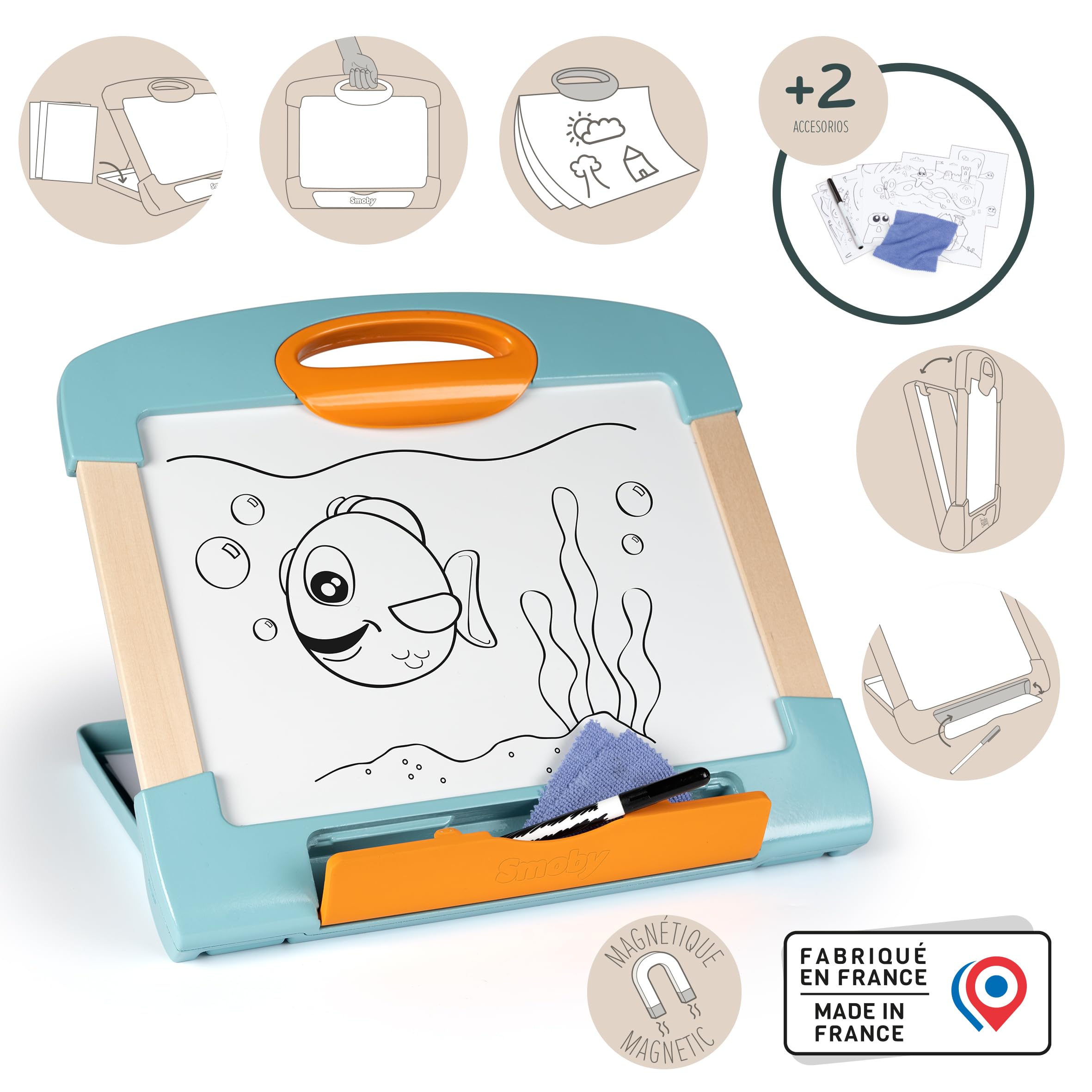 Smoby - Pizarra de viaje de madera - Pizarra borrable e imantada para niños - Juego educativo - Modular y transportable - Rotulador y tela - (7600410712)