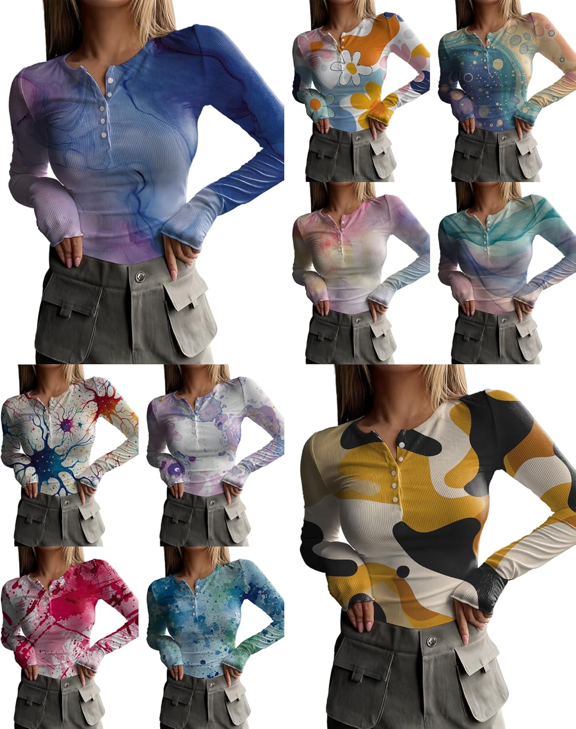 MARSVOVO Casual Henley Shirts for Women Slim Fit Button Ribbed Long Sleeve Shirts Going Out Spring Fall Trendy Tops - Image 4