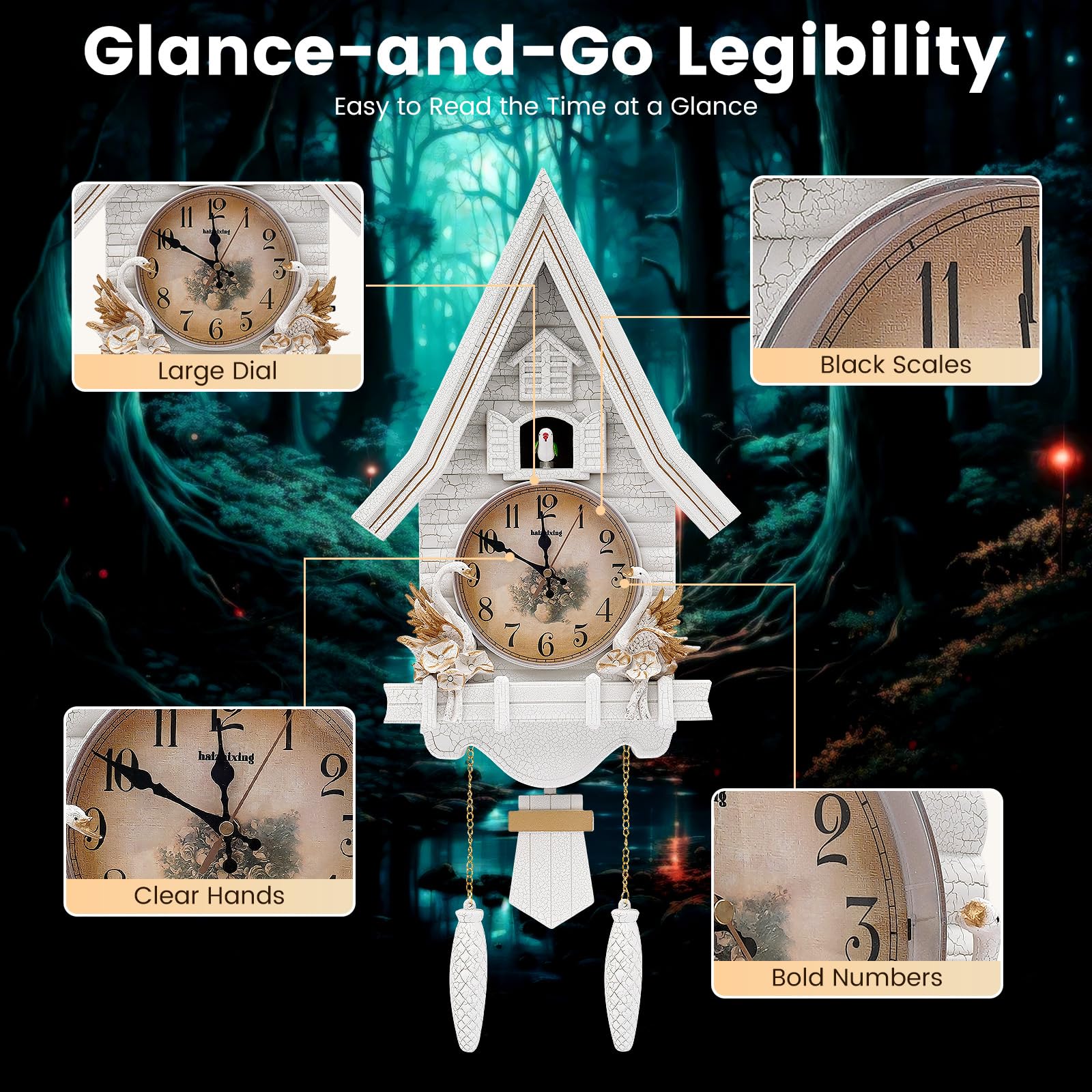 Reloj de cuco silencioso con volumen ajustable, funciona con pilas, para casa, salón, oficina, color blanco