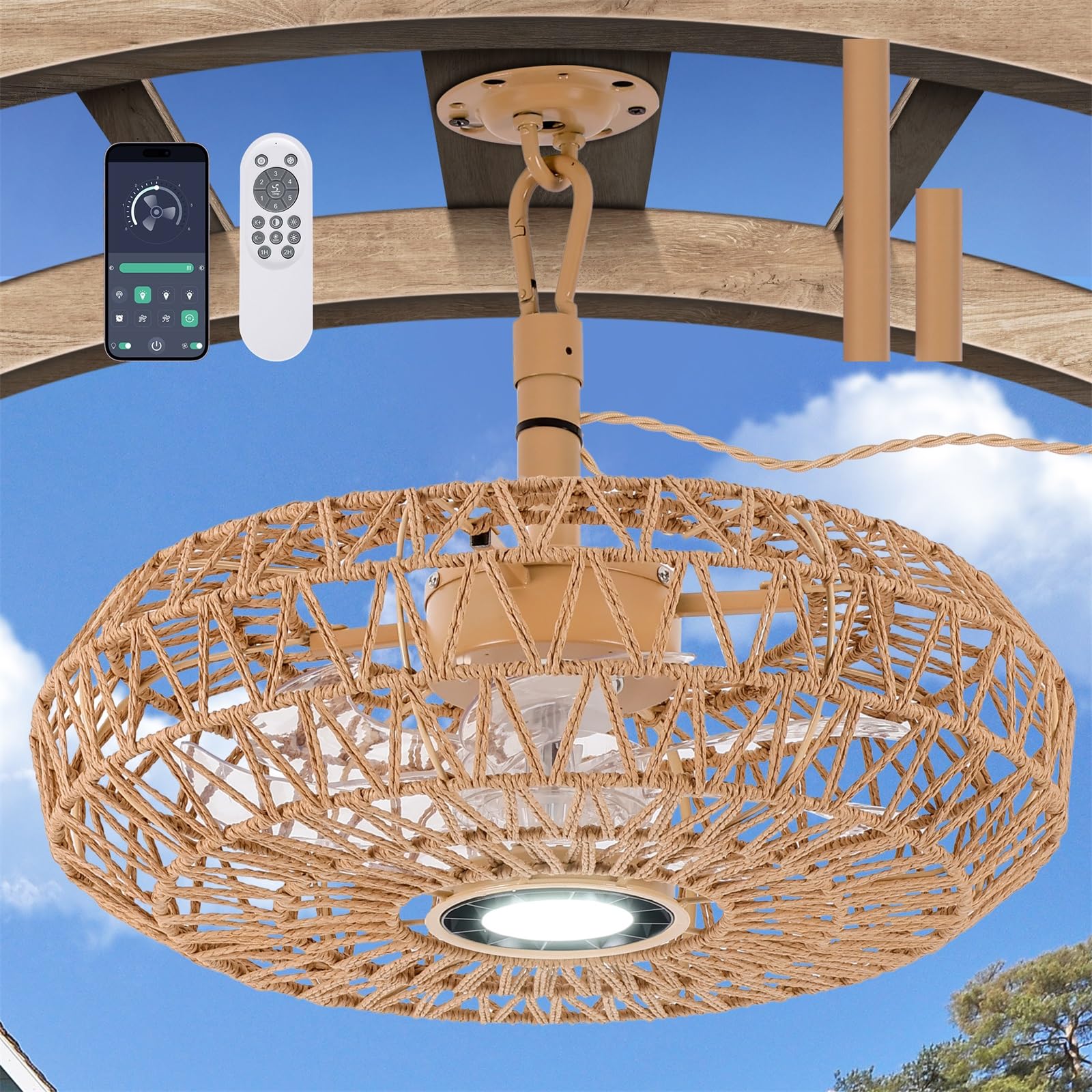 Photo 1 of She's home 20'' Outdoor Gazebo Fan with Lights and Remote, Outside/Indoor Hanging Rattan Ceiling Fan, 3CCT Dimmable, 6-Speed DC Motor, Plug-in Wicker Woven Caged Ceiling Fans for Patio Pergola Porch