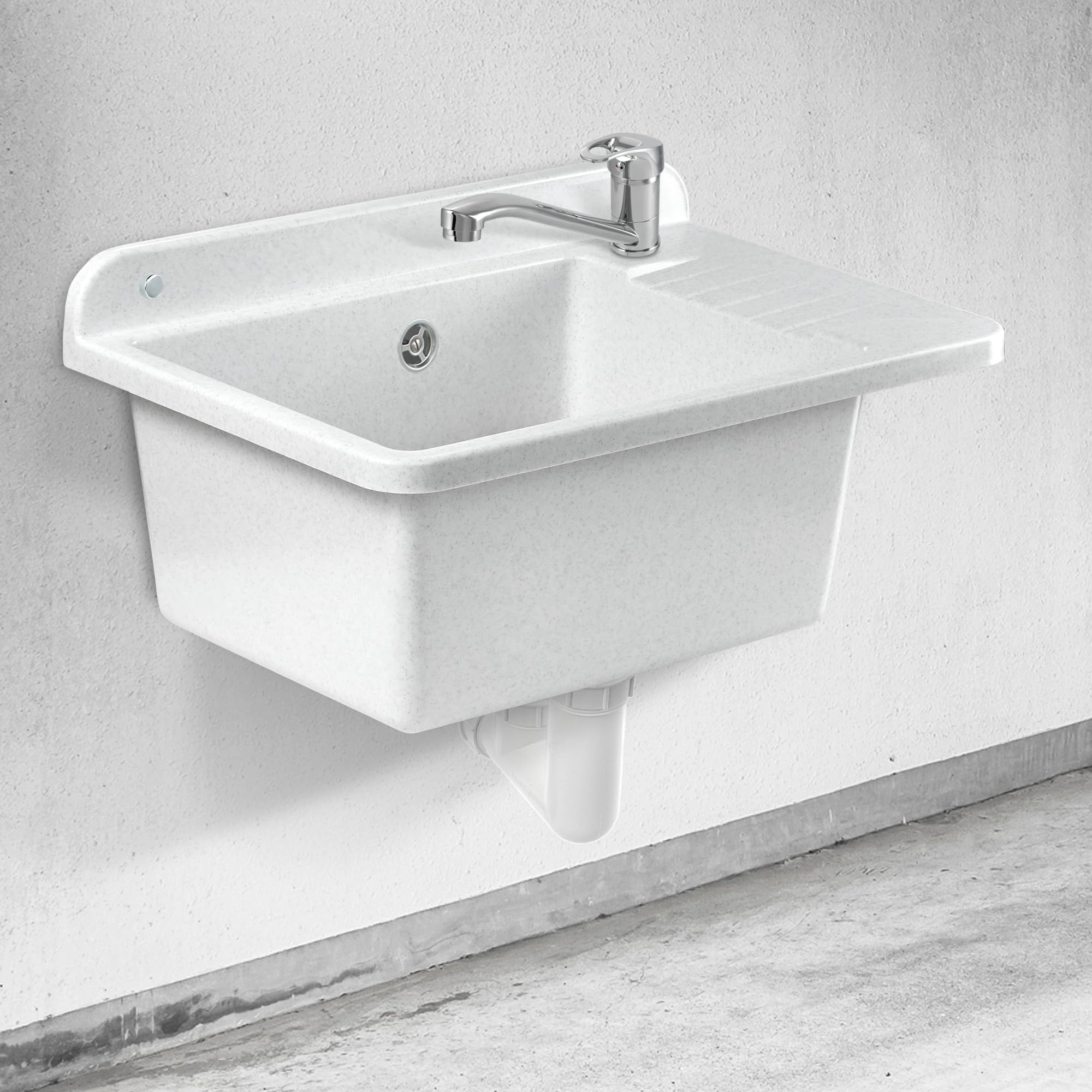 GOSPO Fregadero de polipropileno, 50,4 x 34 x 26,5 cm, fregadero con sifón y kit de montaje, lavabo, lavabo, lavabo, lavabo (blanco)
