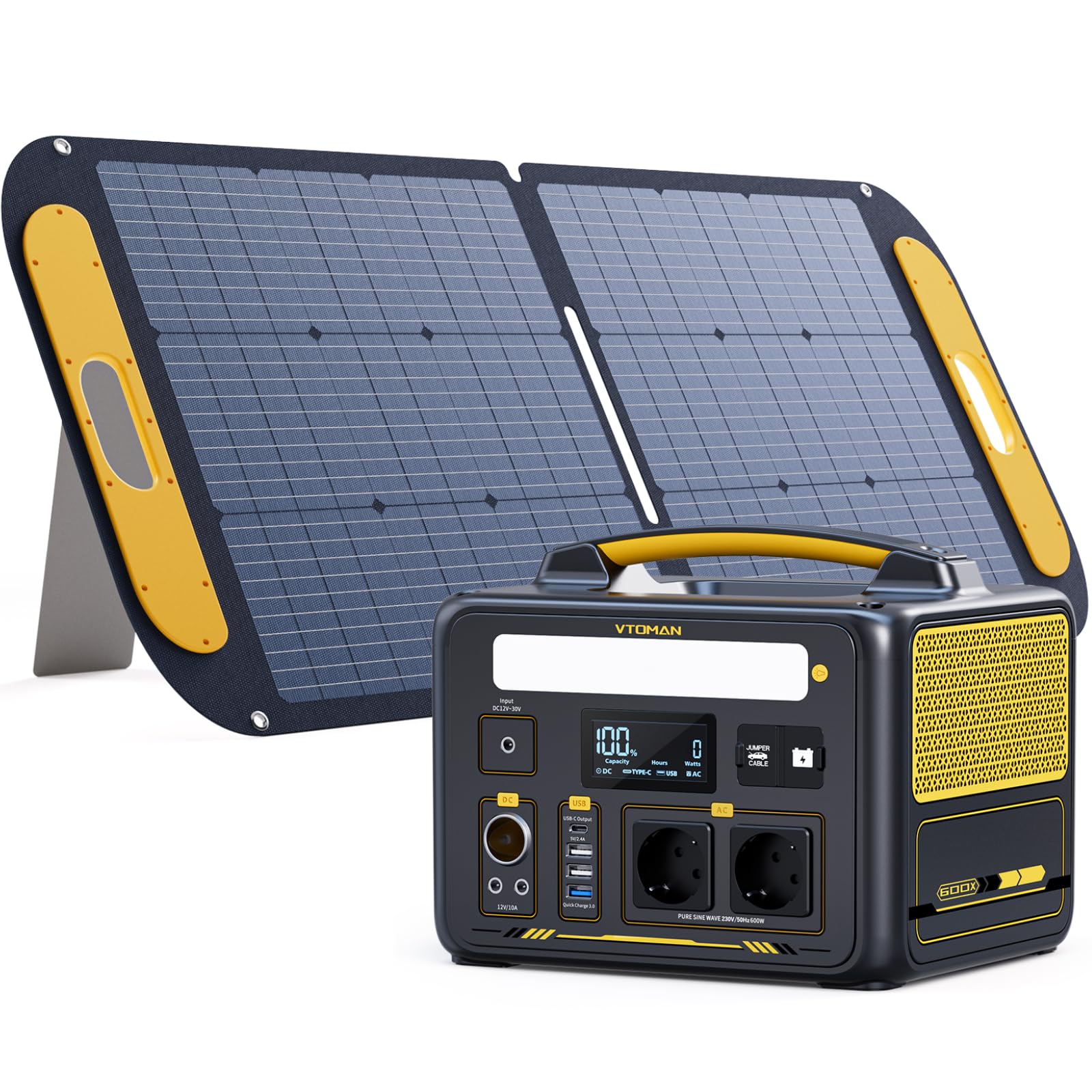 VTOMAN Jump 600X Station électrique Portable avec 110W Panneau Solaire | 600W/299Wh Générateur Solaire LiFePO4 Batterie électrique Générateur, PD 60W Typ-C Sortie/USB QC 3.0 Sortie, pour Camping