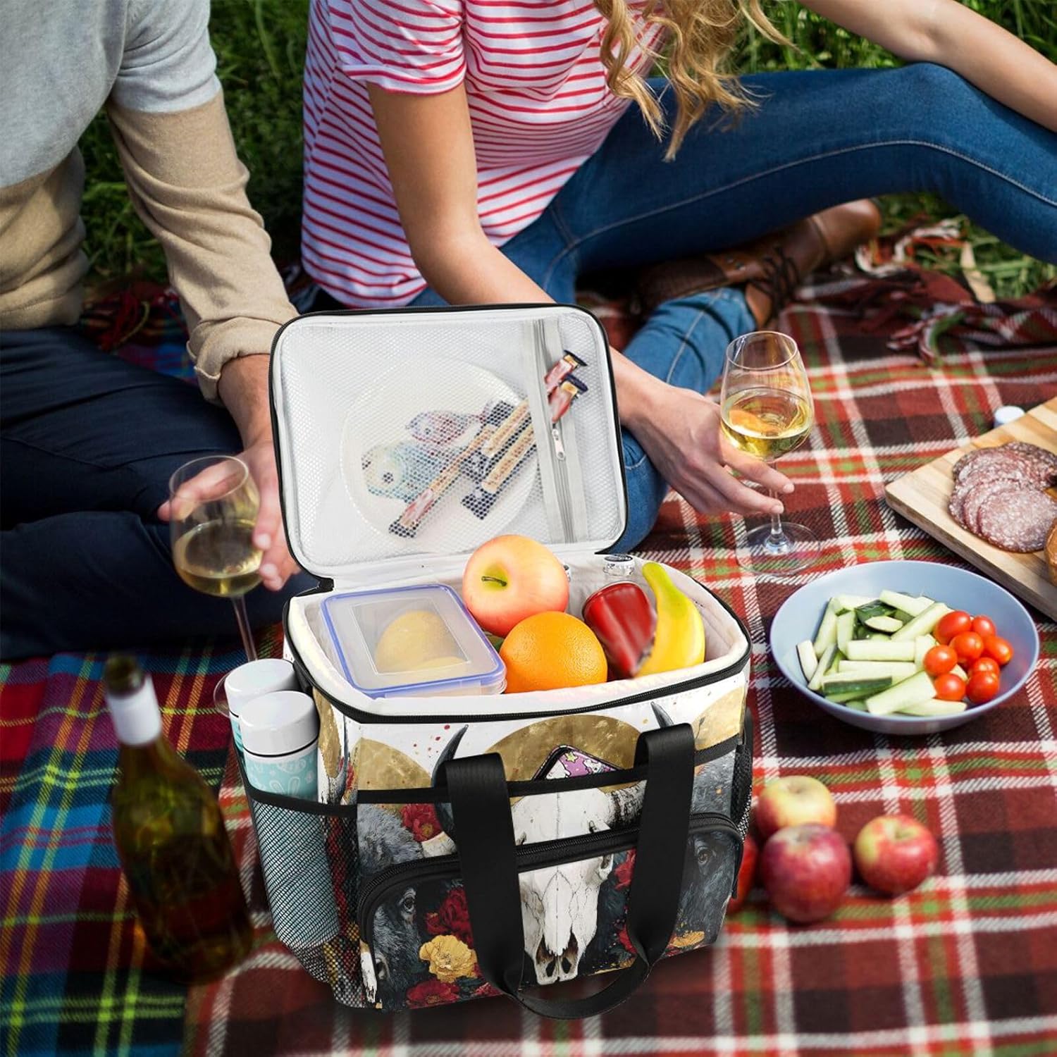 Cooler Bags Insulated Bison and Skull Print, Shoulder Lunch Box 24 Cans Capacity Leakproof with Handle for Picnic Camping