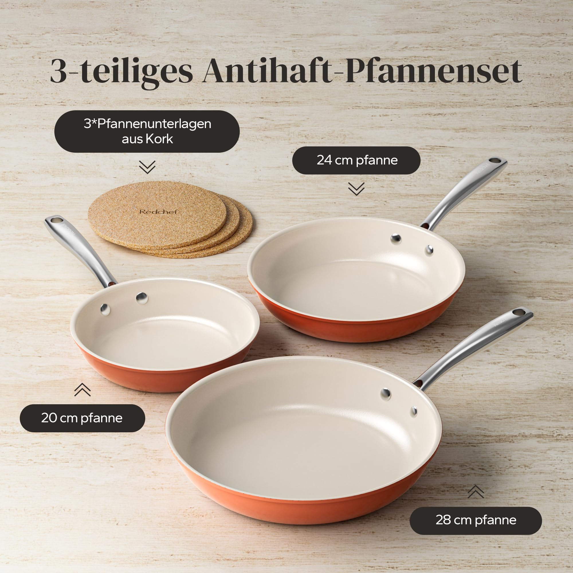 Redchef Set di 6 padelle in ceramica, adatte a tutti i tipi di piano cottura, incluse quelle a induzione, non adesive, 20/24/28 cm, senza PTFE, senza PFAS, PFOA, adatte a tutte le cucine
