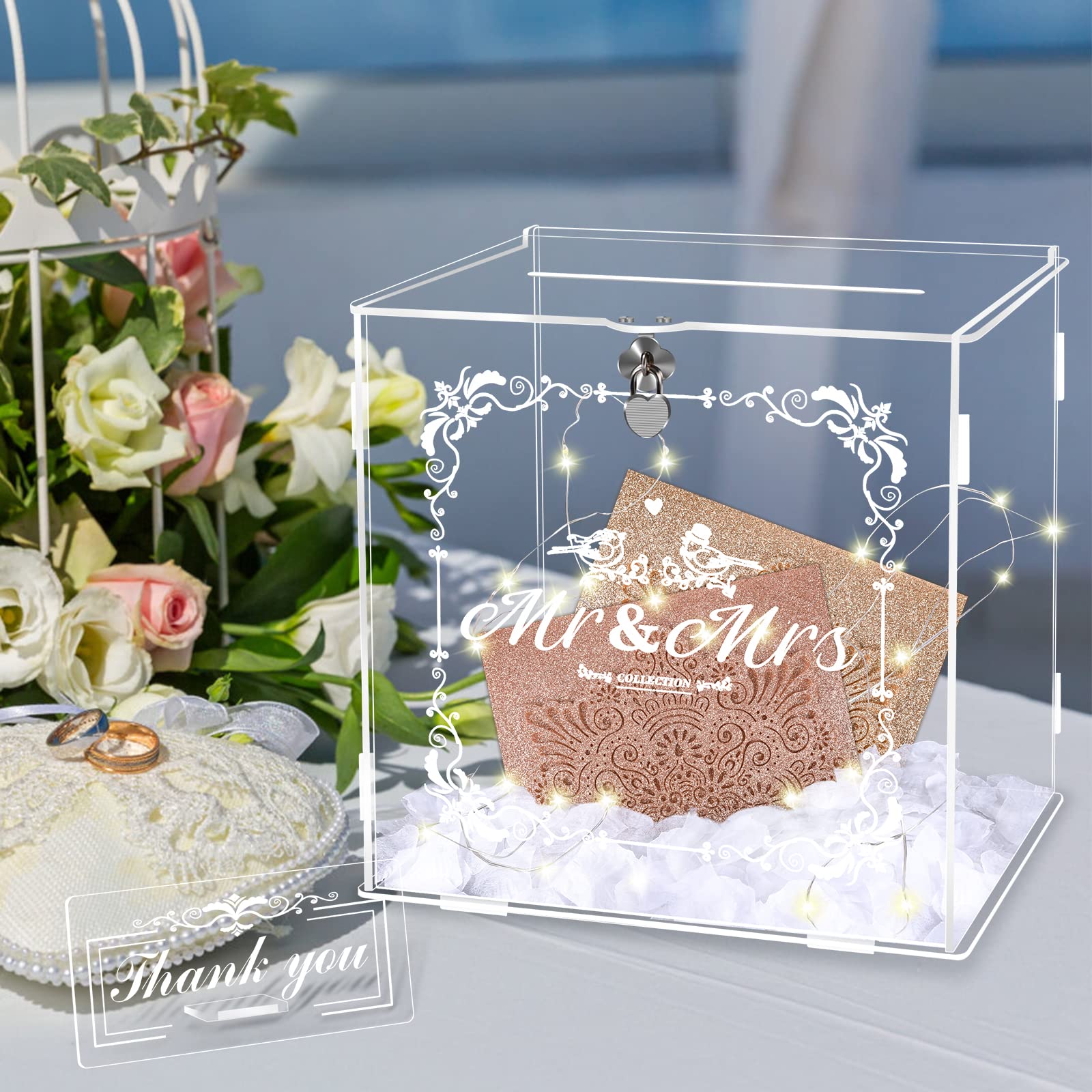Herenear Boîte à Cartes de Mariage en Acrylique, Boite à Enveloppe avec Serrure pour Anniversaire, Fête, Réception