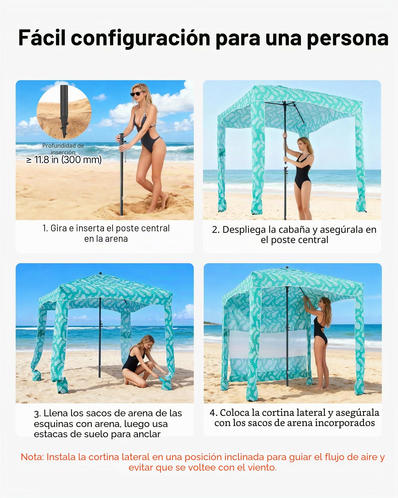 VEVOR Cabaña de Playa con Toldo Lateral, Ligero y Portátil, Protección Solar UPF 50+, Sacos de Arena y Sombrilla Portátil para Toda la Familia y Amigos, Rayas Verde Claro, 1830 x 1830 x 2290 mm