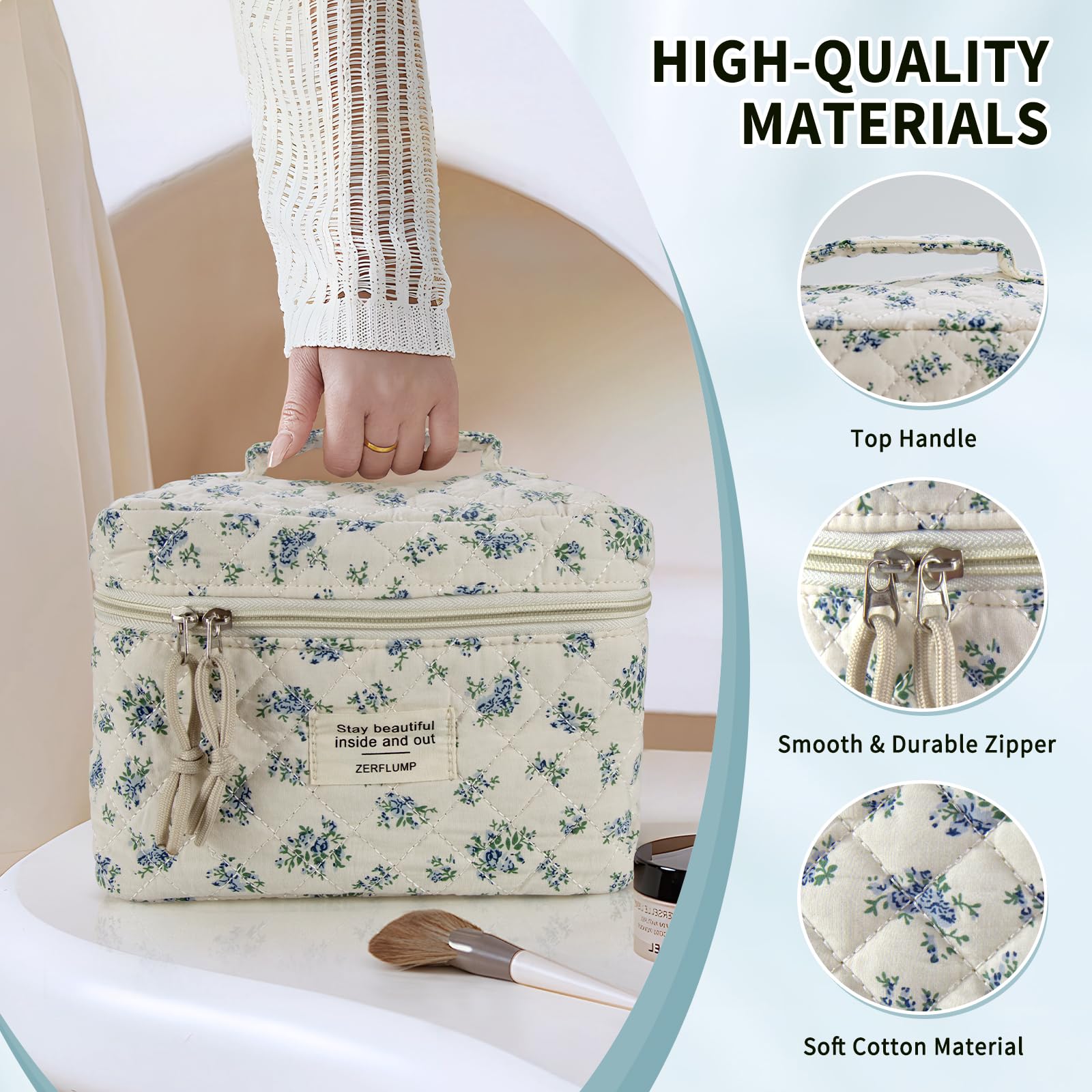 ZERFLUMP Cute Quilted Floral Makeup Bag(3Pcs)?Coquette Aesthetic Cosmetic Bag?Travel Toiletry Bags? Kawaii Aesthetic pouch for Women (4 - Little Blue Flower)