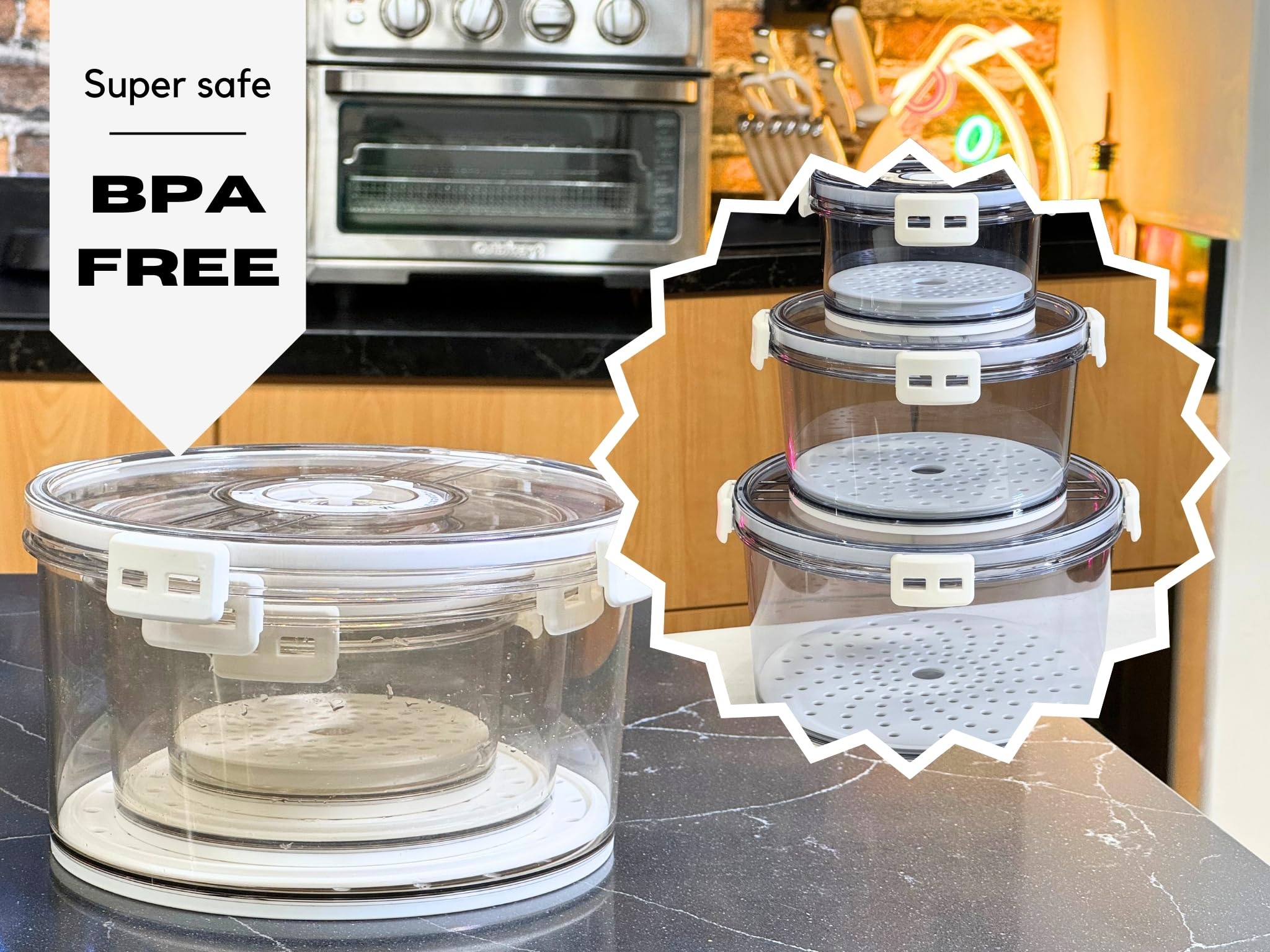 Recipientes de almacenamiento de frutas y verduras para refrigerador con tapas, cronógrafo de fecha, juego de 3 piezas, transparente, hermético, a prueba de fugas, sin BPA, bandeja de