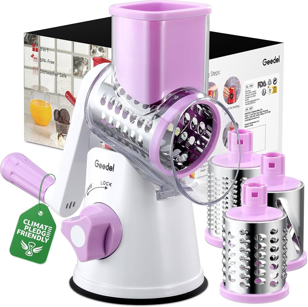 Geedel Rotary Cheese Grater, Kitchen Mandoline Vegetable Slicer with 3 Interchangeable Blades, Easy to Clean Rotary Grater Slicer for Fruit, Vegetables, Nuts