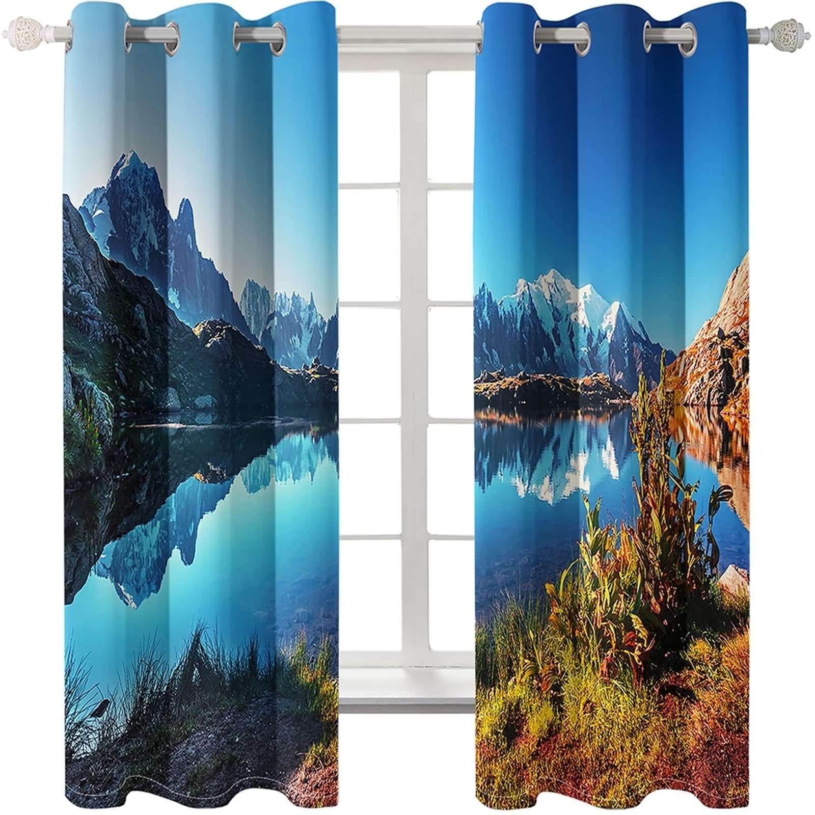 Rideau Occultant Fenetre Cuisine, Rideau Bleu Paysage du Lac Snow Mountain Polyester Lot de 2 204x138cm