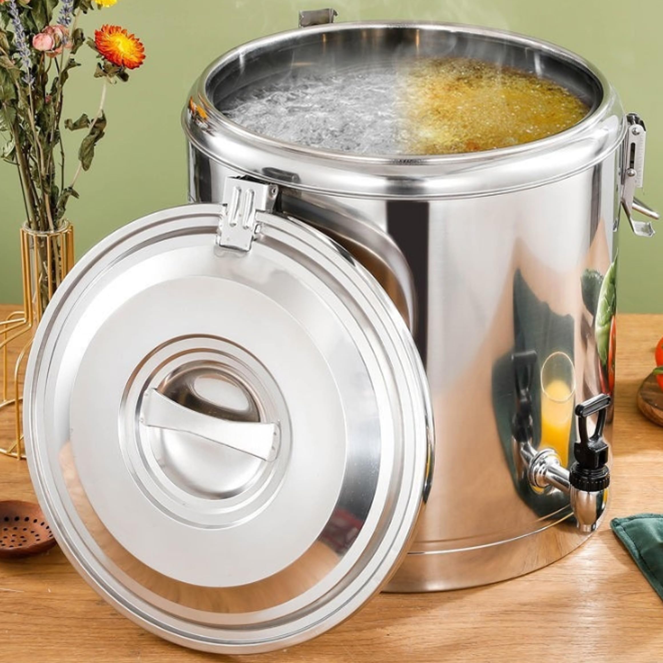 Edelstahl-Wasserspender, 20 l, isolierte Milchkanne, 5 Gal Metalleimer mit auslaufsicherem Verschluss und Zapfhahn für heiße/kalte Flüssigkeiten.