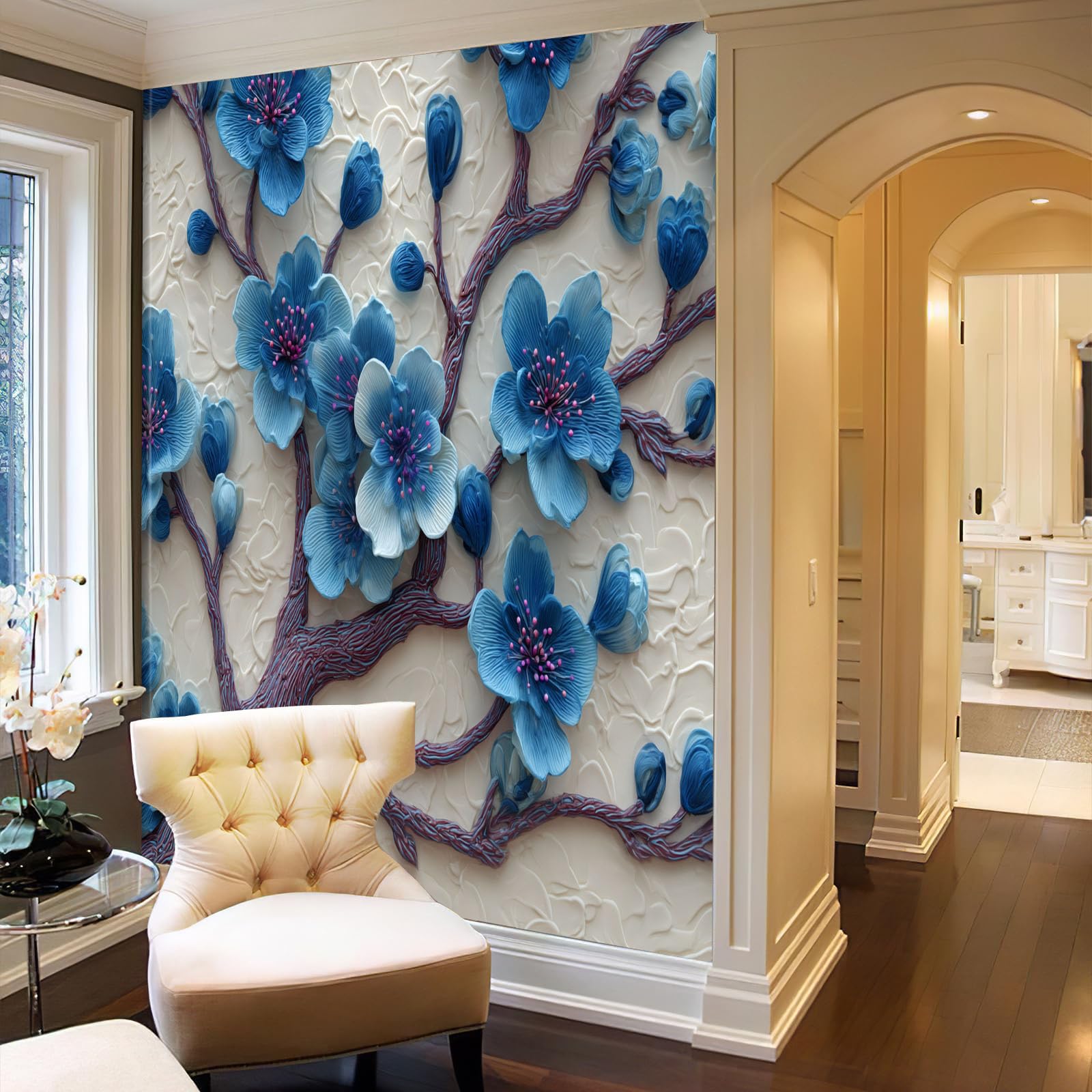 Carta Da Parati Fiori Ciliegio Ramoscelli 400×280cm Wallpaper Carta Da Parati Murale 3D, Rilievo Piante Fotomurali Moderni Per Soggiorno E Camera Da Letto, XXL Decorazione Murale 3D, Bianco