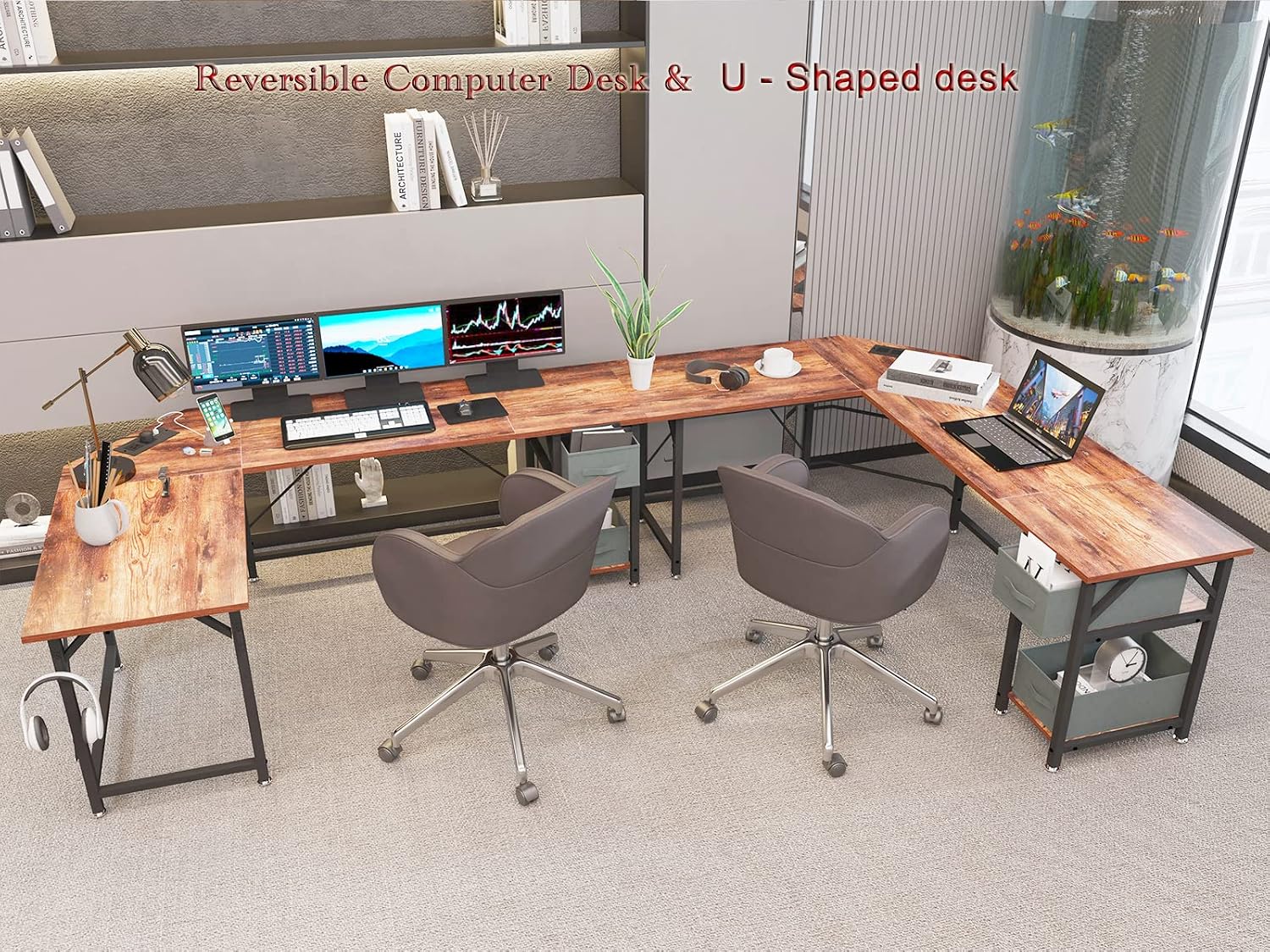 Escritorio En Forma De L Con Estantes Y Puertos Usb Vintage(120 X 82.5