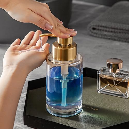 Miniatura 6 de Dispensador de jabón de vidrio grueso con bomba de acero inoxidable, dispensador de jabón líquido de mano de baño dorado de 12 onzas, dispensador de