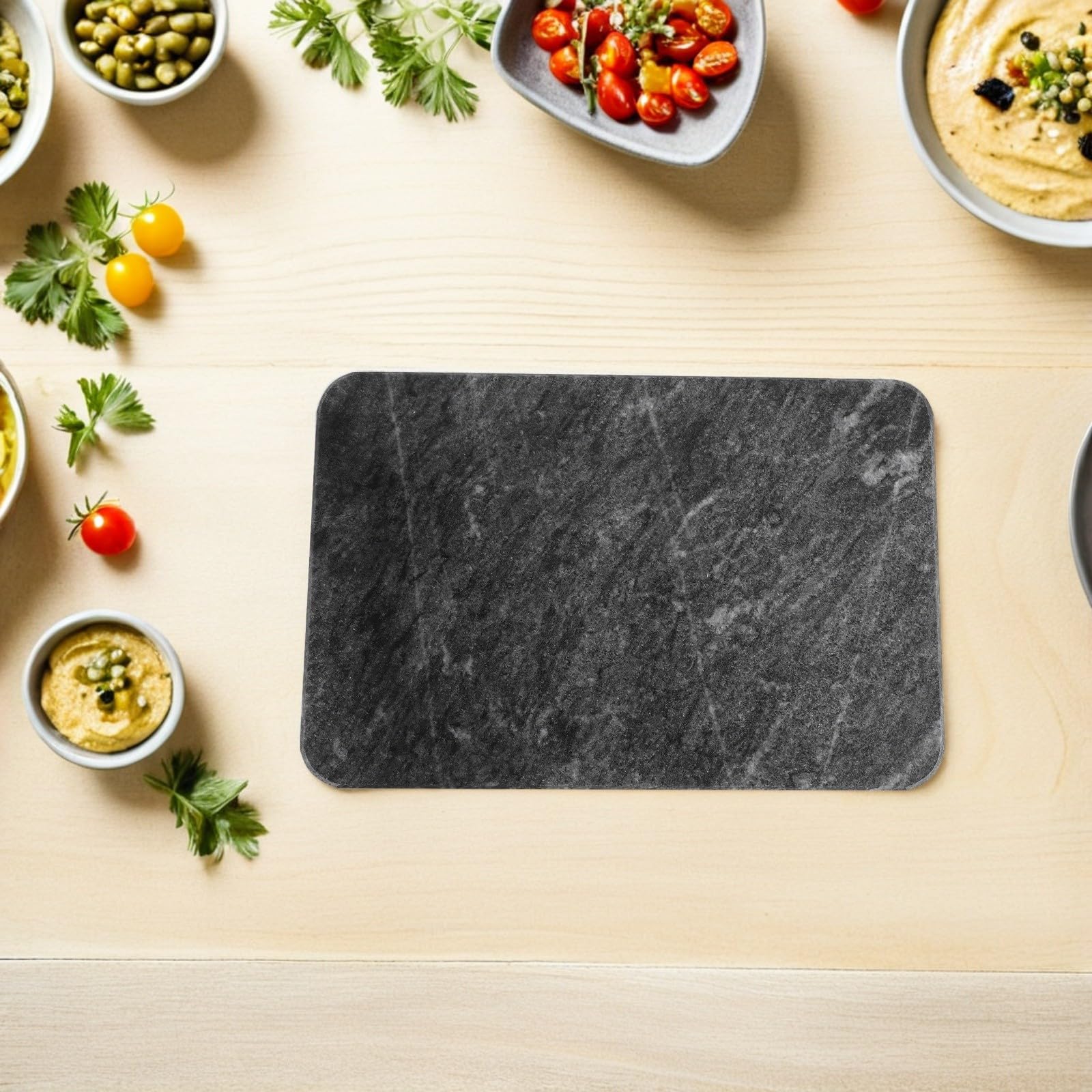 Tabla para Cortar de Mármol Natural Negro Textura Única Rectangular, Uso Versátil y Práctico para Cocina y Presentación Moderna de Alimentos