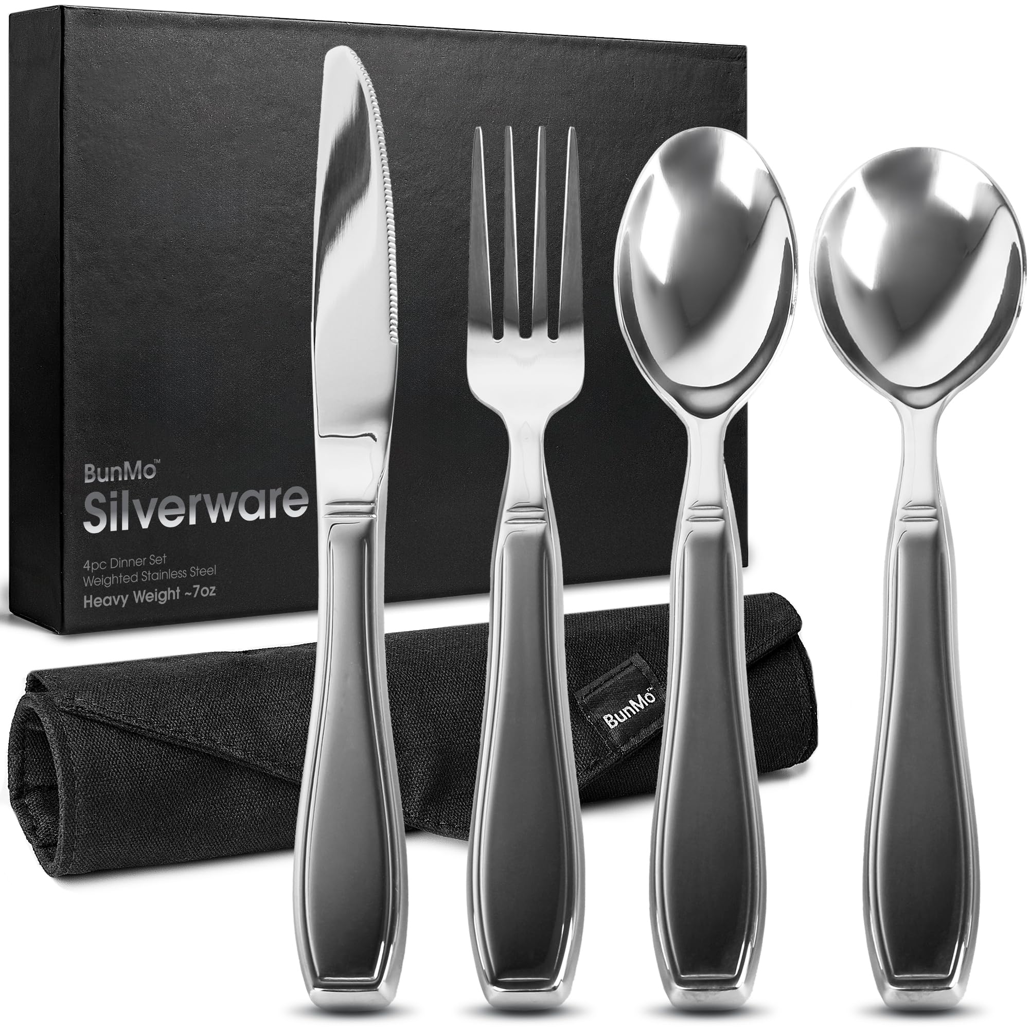 BUNMO Weighted Utensils for Hand Tremors - Elderly, Weak Hand Grip & Handicapped - Stainless Steel - Eat Independently - Weighted 3 Piece Set