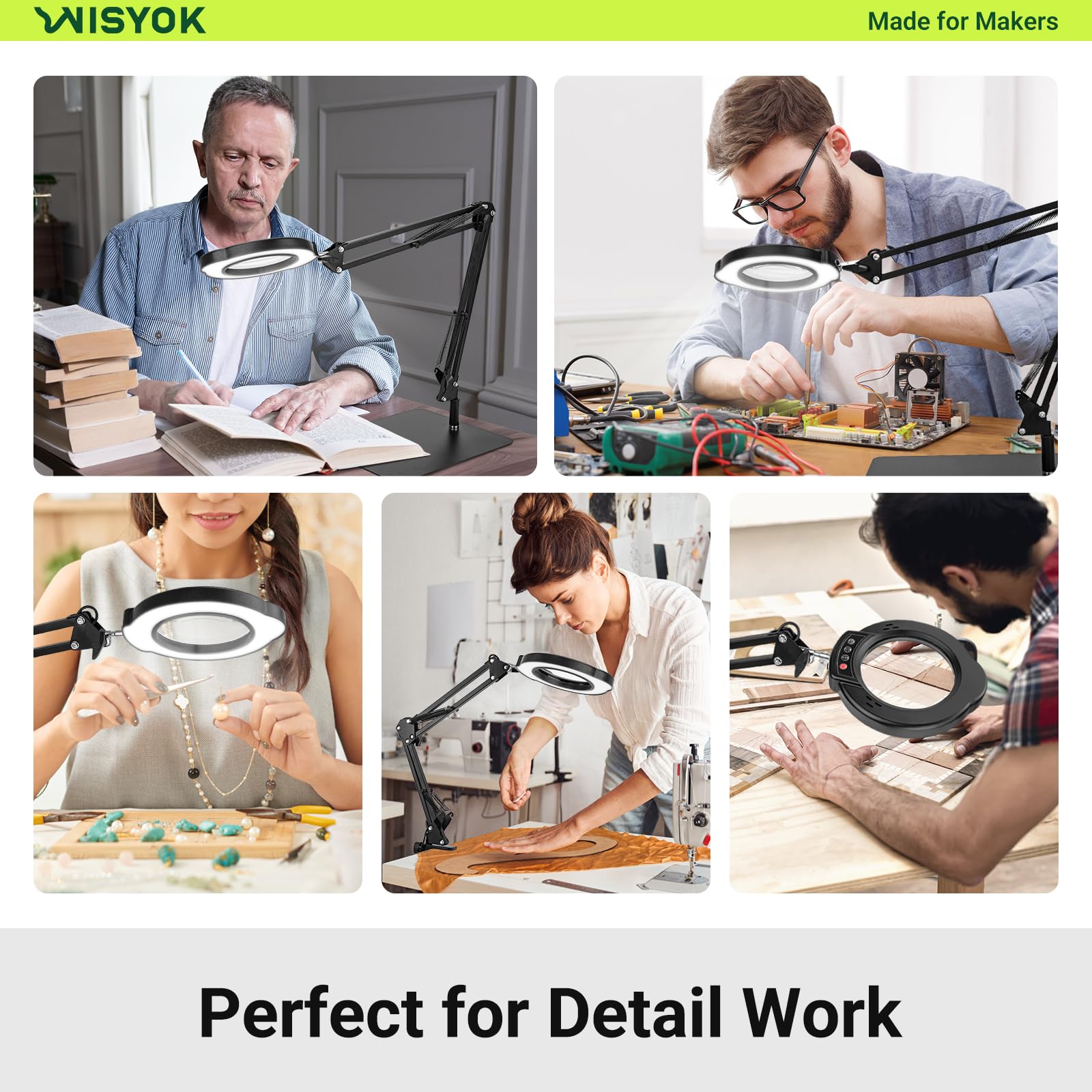 WISYOK Lupe mit Licht und Ständer, 10x LED Lupenleuchte mit Groß Schwenkarm, 5 Farbmodi 10 Stufenlos Dimmbare, 2in1 Lupenlampe mit Klemme und Basis, Leselupe für Senioren, Tischlupe, Sehbehinderte