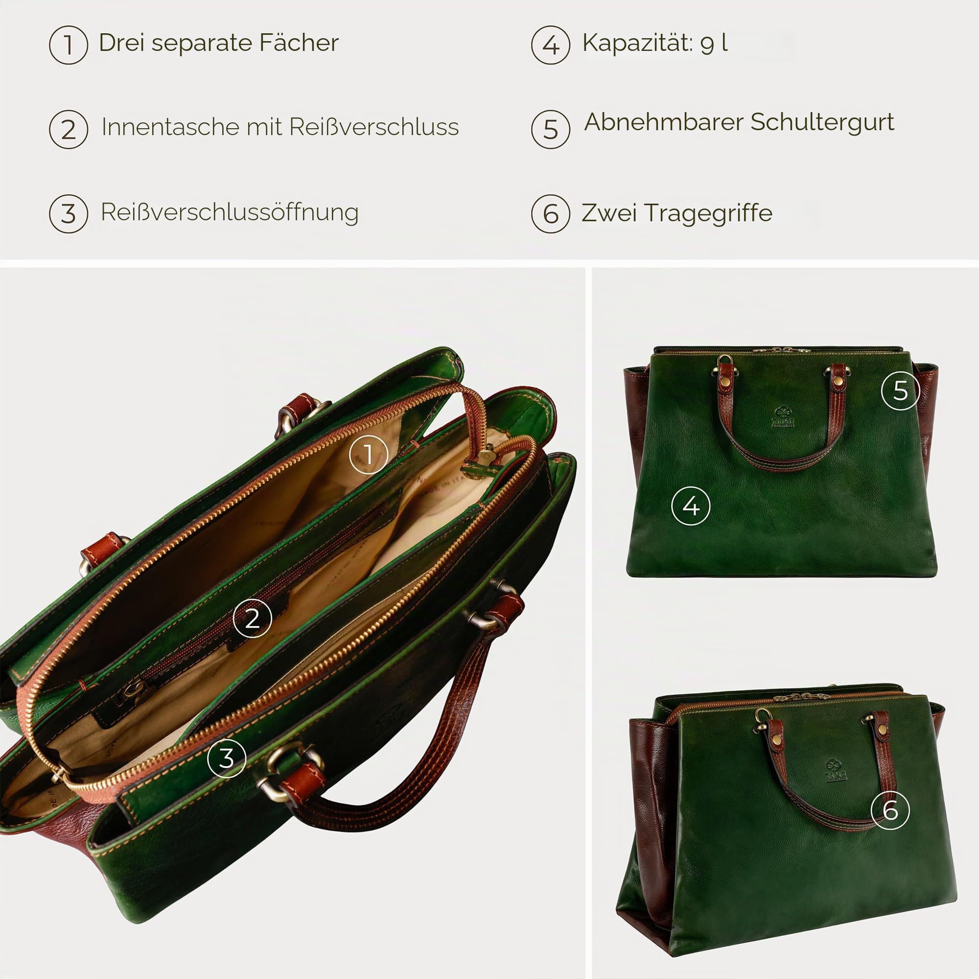 Time Resistance Schultertasche Damen - Handtasche aus Leder - Made in Italy - Ledertasche - Shopper - Tasche für Damen