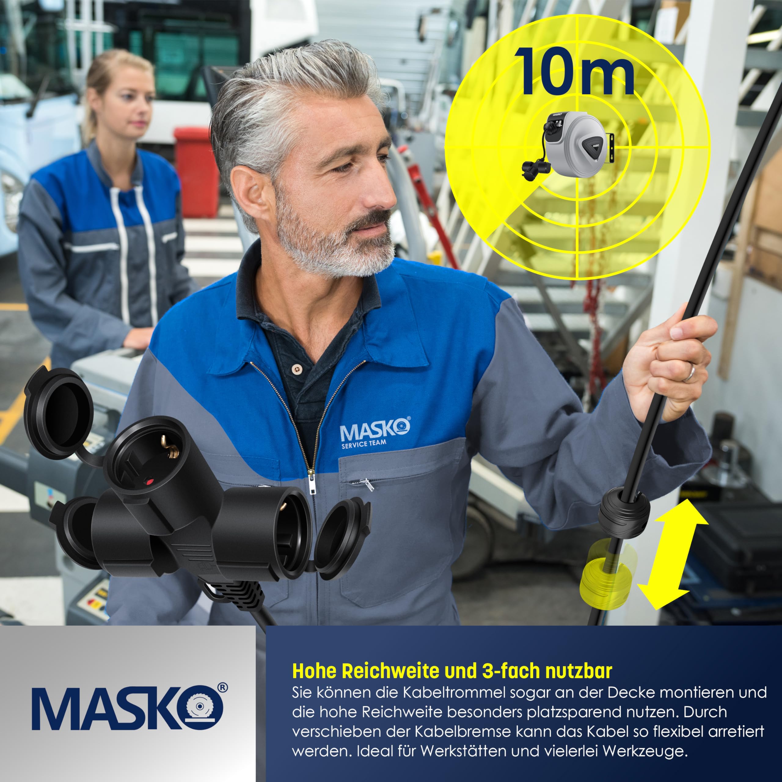 Avvolgicavo Automatico MASKO 20m Con Staffa A Muro 180° – Cavo Prolunga 3 Vie, 2300W, Incl. Guanti