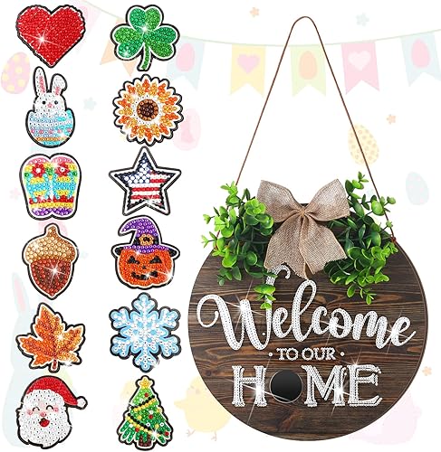 Miniatura 1 de Huwena Letrero de bienvenida intercambiable de temporada con 12 piezas de iconos de pintura de diamante magnético suave para el día de San Patricio,