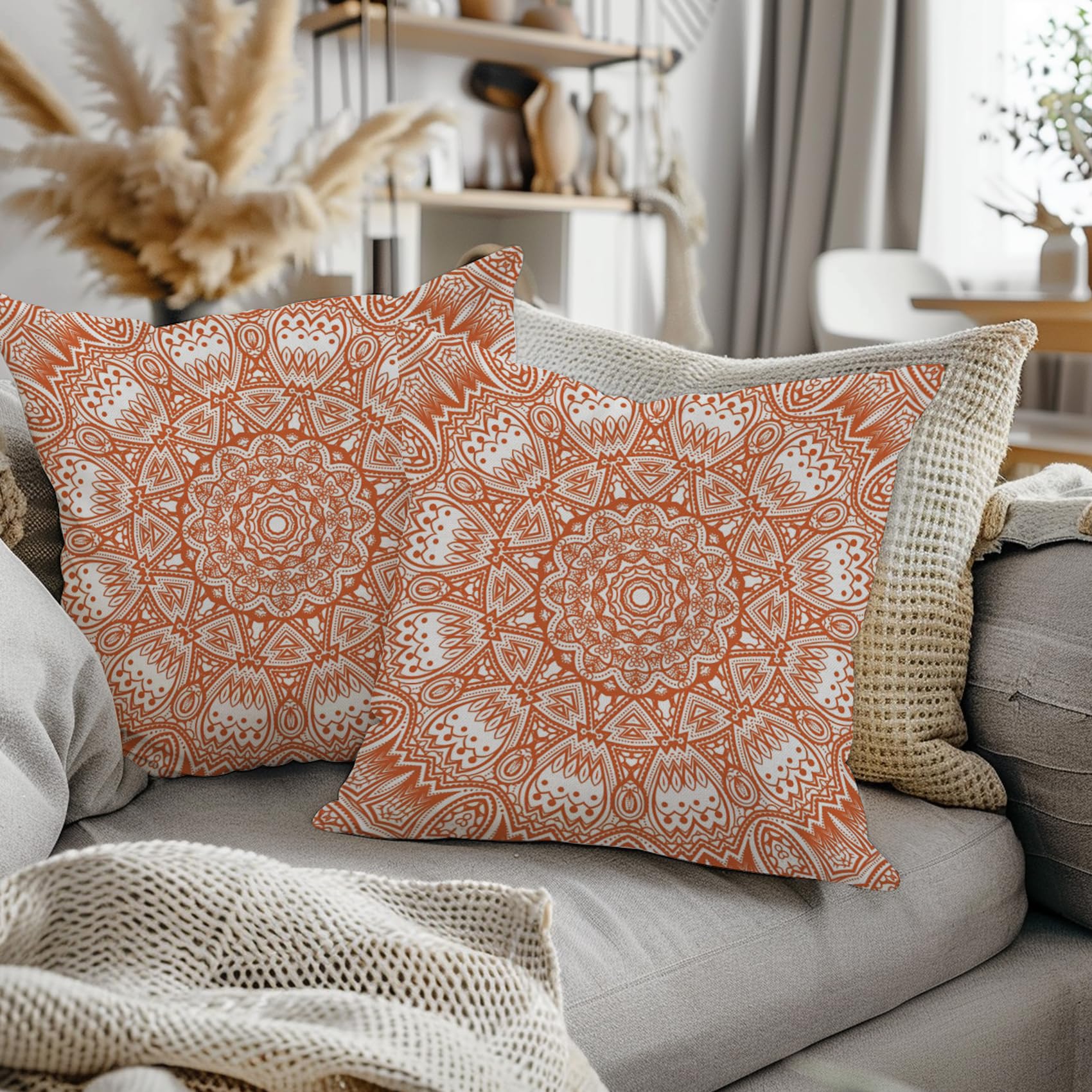 ggaimwf Moroccan Cushion Covers 45x45cm Burnt Orange Ethnic Boho Cushions Indian Style Abstract Mandala Arabesque Meditation Hippie Modern Throw Pillow Cover for Sofa Living Room Pillowcase Set of 2 - Image 2