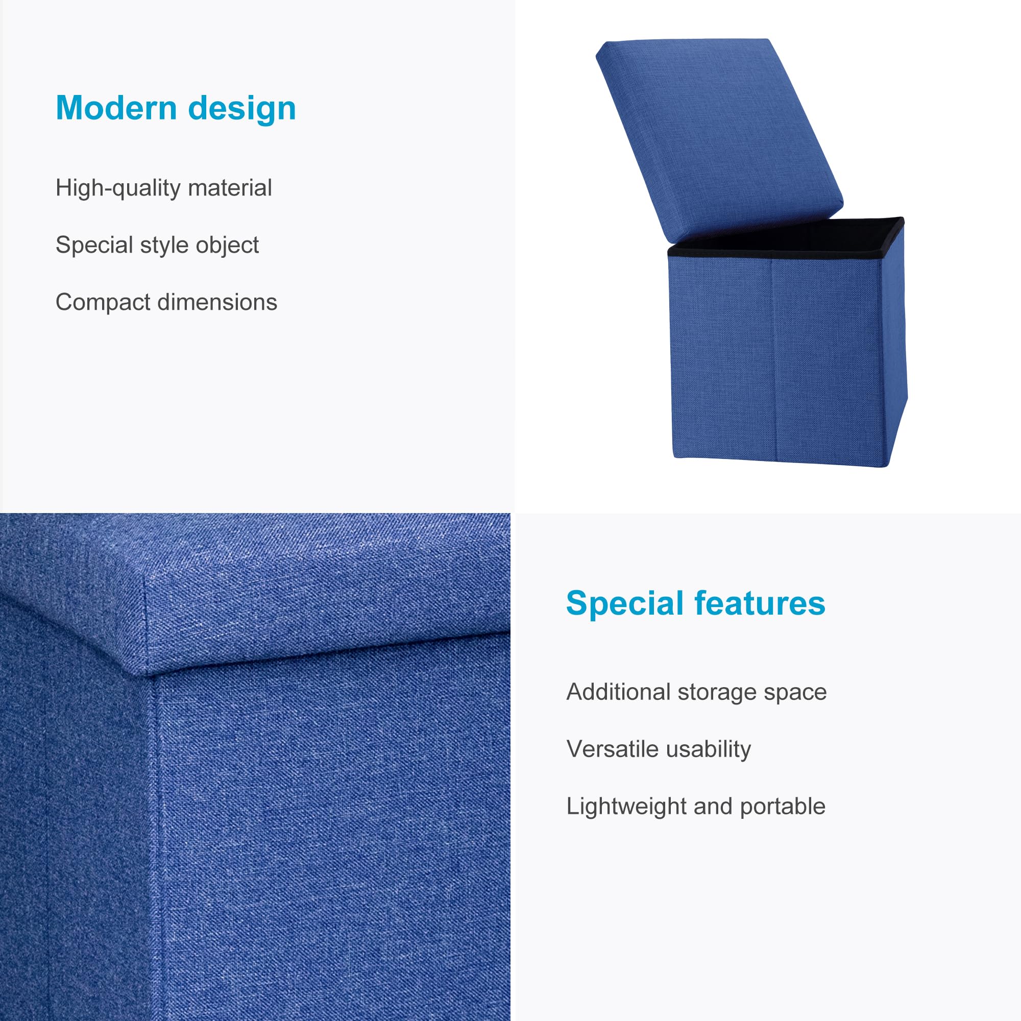 INTIRILIFE Puff Baúl Plegable 38x38x38 cm in Azul MAR - Taburete Almacenaje Tapizado de Textil Tela Óptica Lino per Almacenamiento y Reposapiés - Asiento Silla Tejido Banqueto