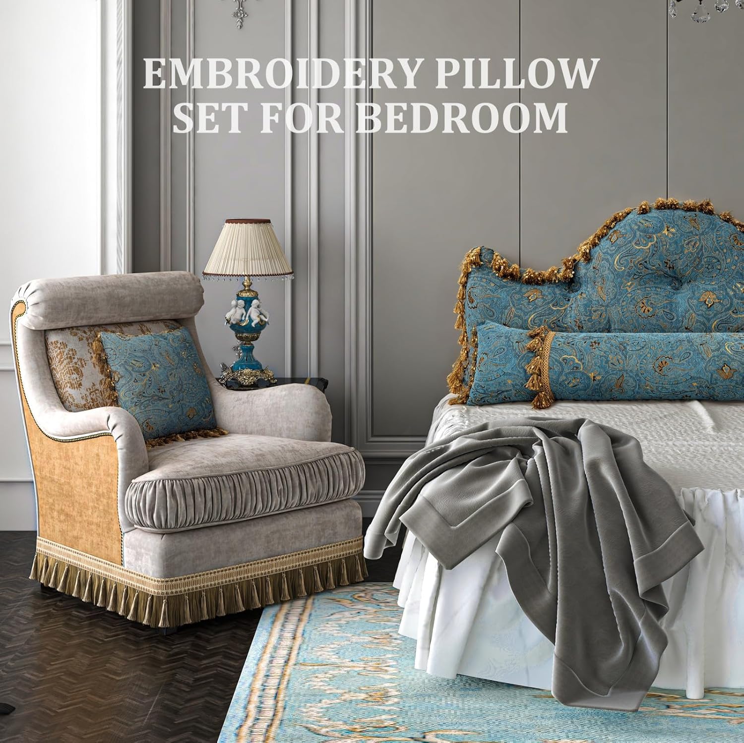 Embroidered Euro Pillows with Inserts Included for Couch and Bed, Decorative Throw Pillows with Flower Patterned for Living Room (1, Blue, Square)