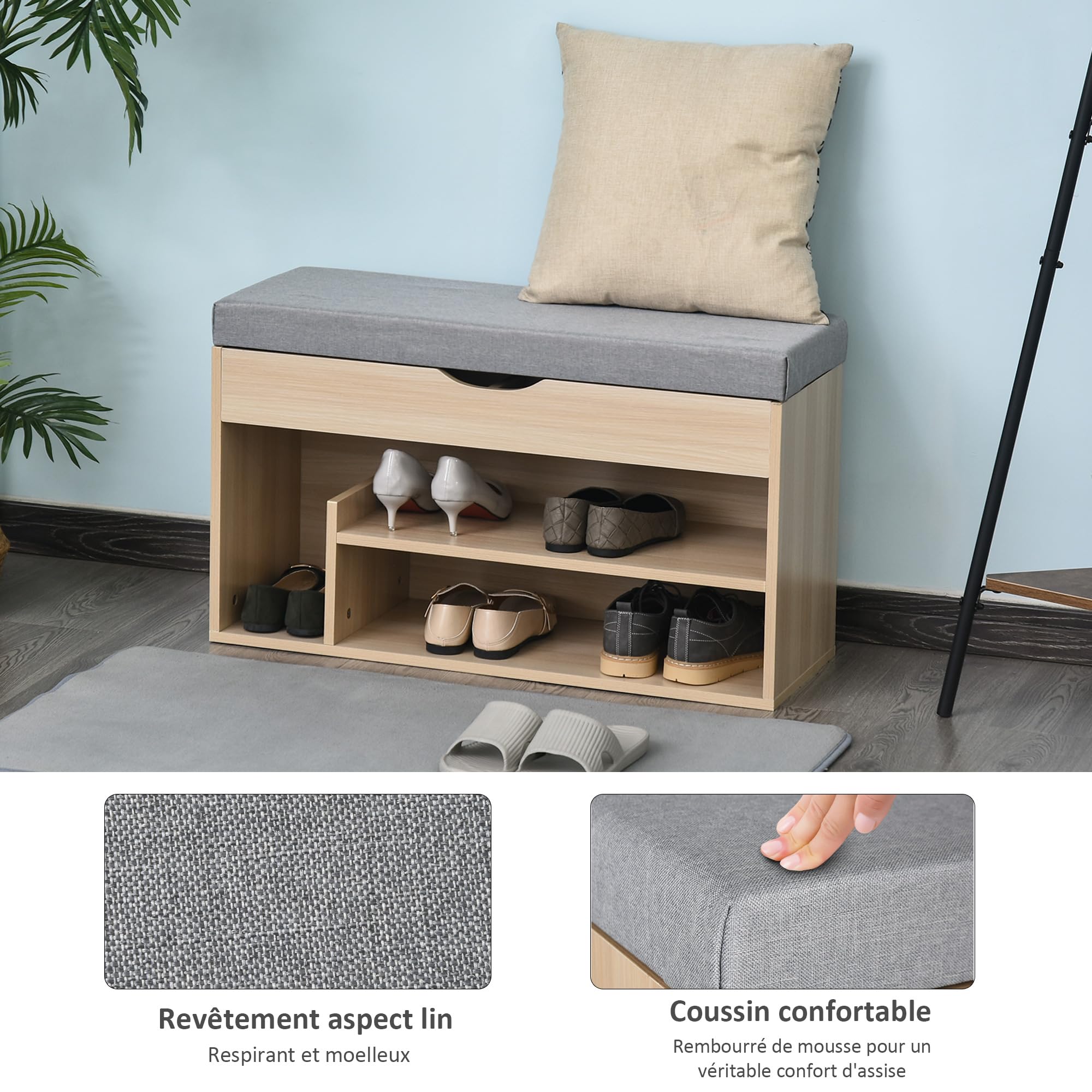 HOMCOM Meuble Chaussures Banc à Chaussures 2 Niveaux Coussin Beige Gris
