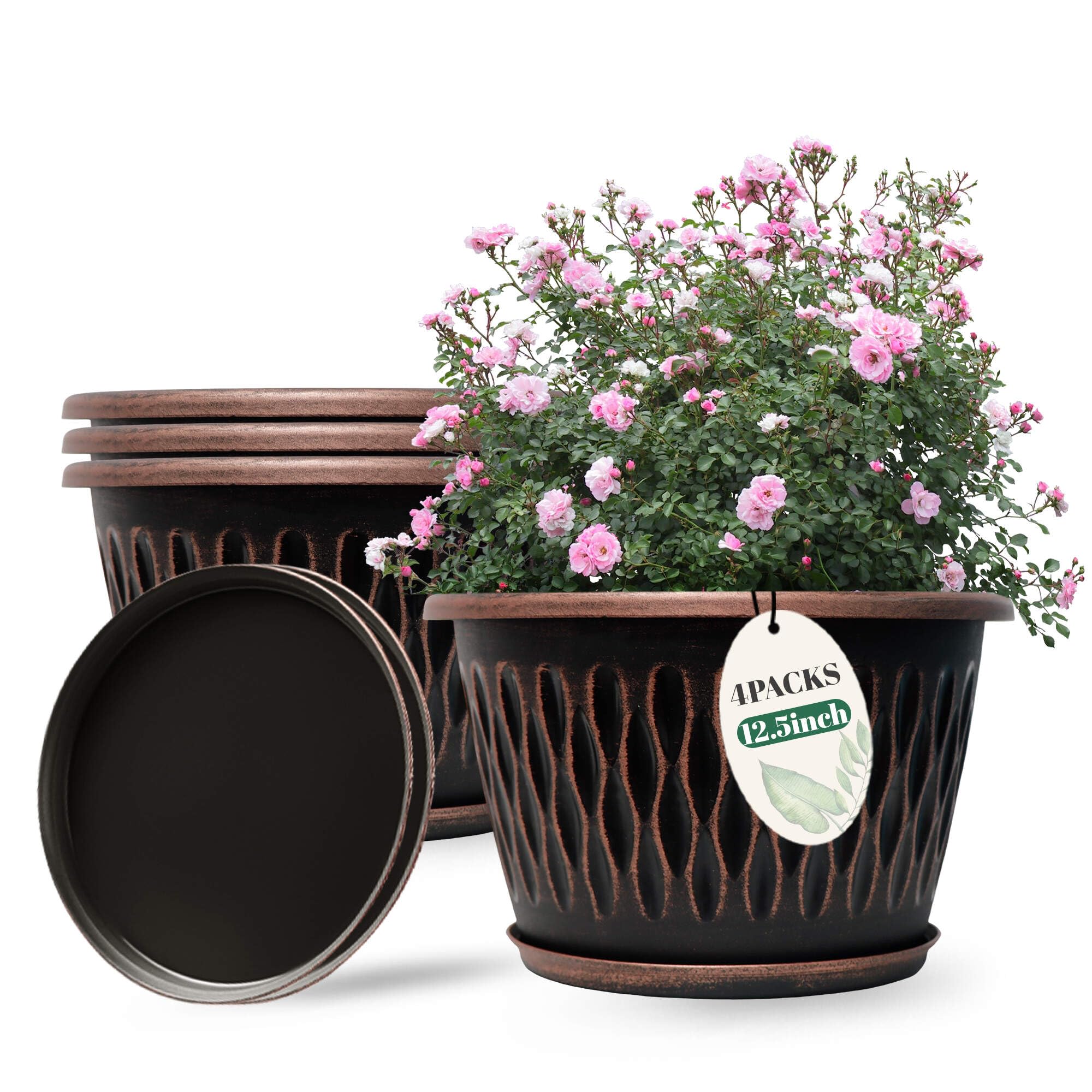 Usocik 4 Pack 12 Inch Retro Plant Pots, Vintage Striped Flower Pots with Drainage Hole & Saucer, Large Plastic Planters for Indoor and Outdoor Plants,