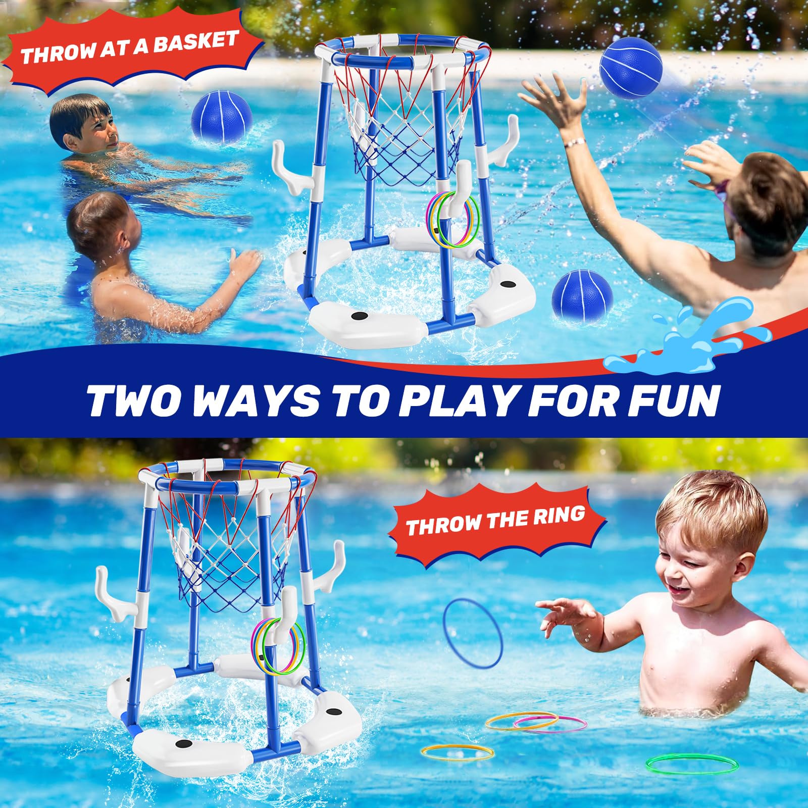 JONRRYIN Canestro da Piscina, 2 in 1 Canestro Galleggiante da Piscina, Giochi Piscina con 2 Palline e 12 Anelli con Pompa, Competizione Sportiva Acquatica, per Bambini e Adulti