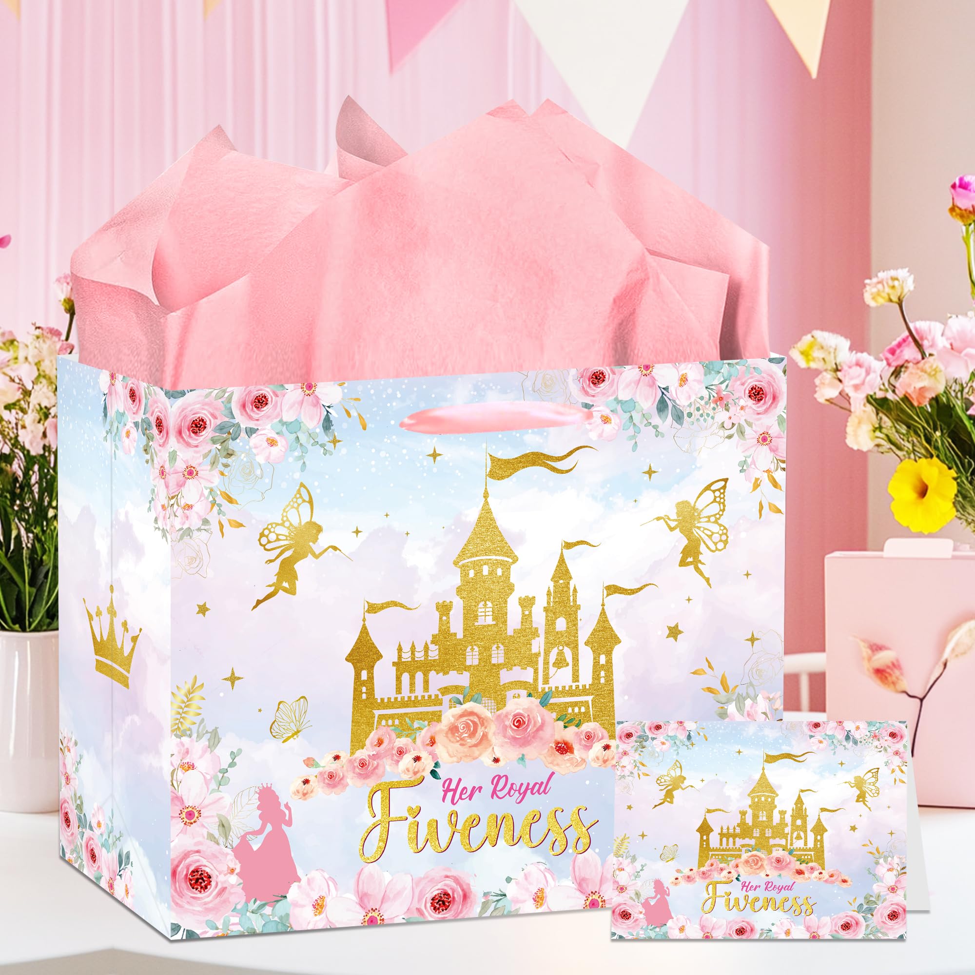 MOIZYNG Her Royal Fiveness Birthday Gift Bag, Pink Gold Castle Floral Princess 5th Birthday Gift Wrap Bags with Handles, Tissue Paper and Greeting Card for Girls 5 Year Old Party Favors Decorations