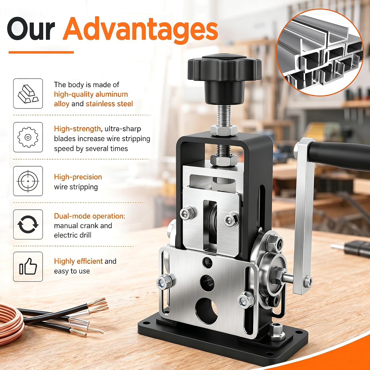Manual Wire Stripper Machine, 0.06-1" Cable Stripper Tool with 2 Replacement Blades, Drill Powered & Hand Crank Dual-Drive Wire Stripping for Scrap Copper Recycling