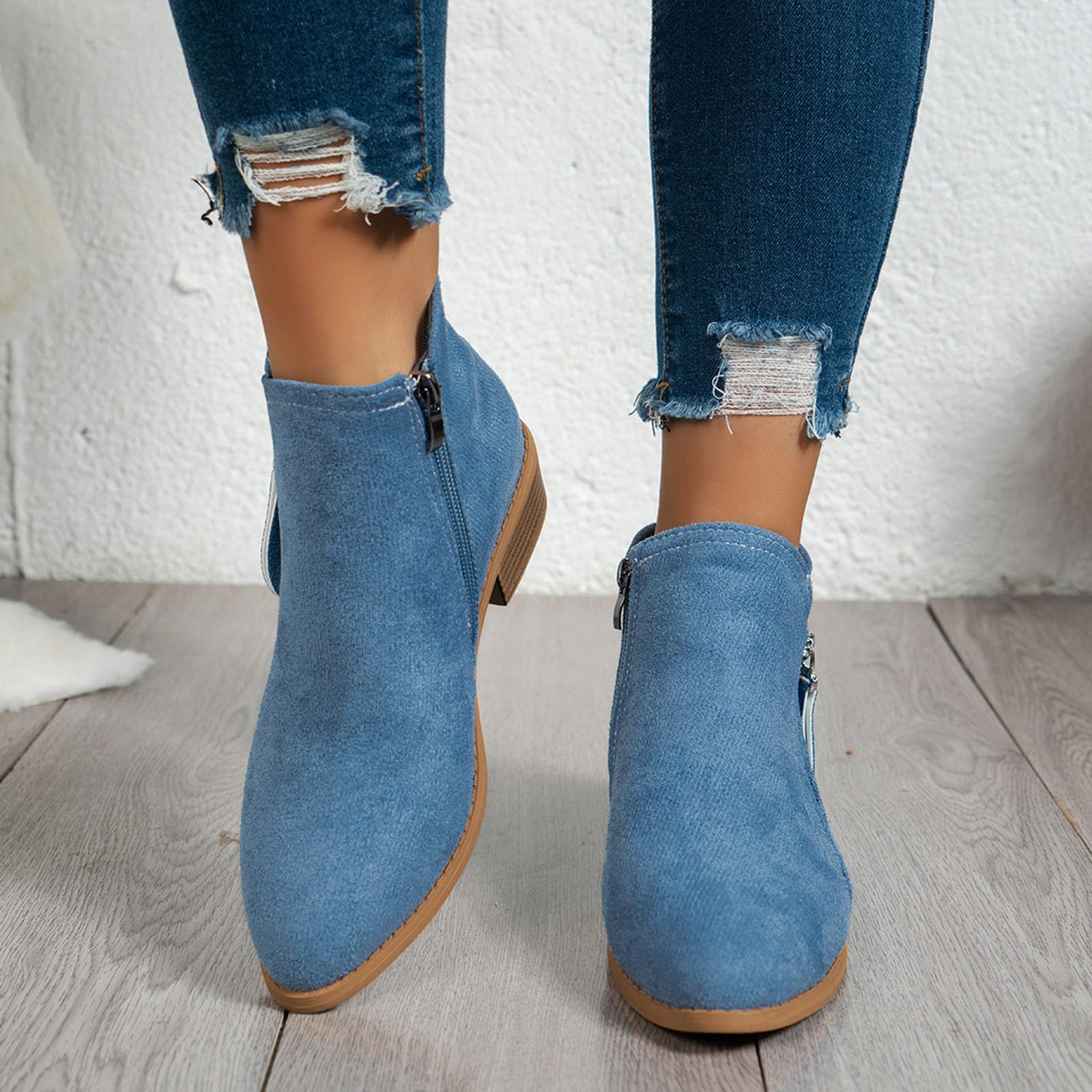 Bottines Chelsea en daim pour femme - Bout pointu - Talon bas et épais - Fermeture éclair latérale - Décontractées - Élégantes et confortables - Bottes western pour la marche en plein air