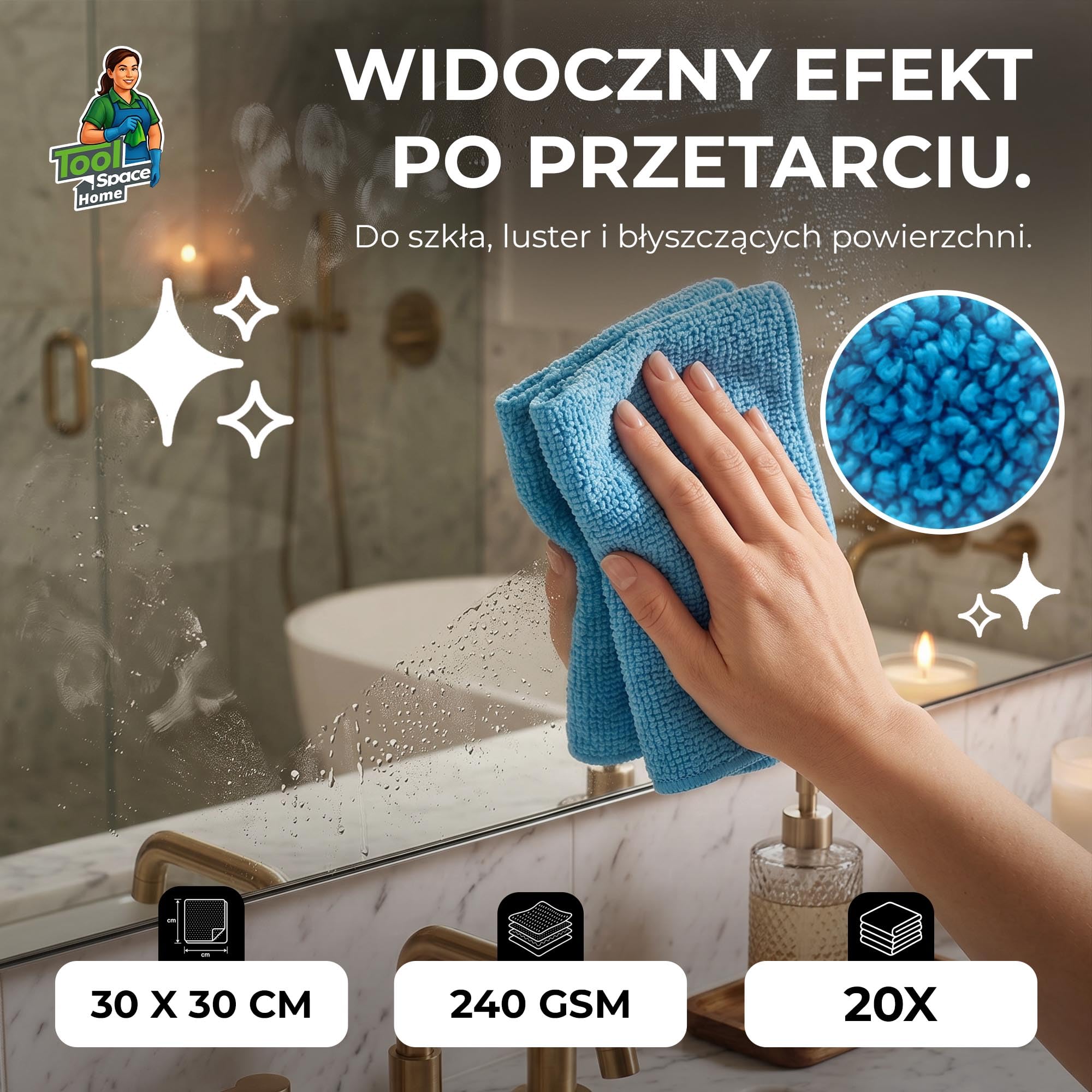 ToolSpace Ściereczki z Mikrofibry 30x30cm 20 szt. 240 gsm do Sprzątania Auta Kuchni Łazienki Szyb Kurzu Ekranów Miękkie Chłonne Wielorazowe Mix Kolorów Mikrofibra 80/20 Zestaw do Domu Biura Warsztatu