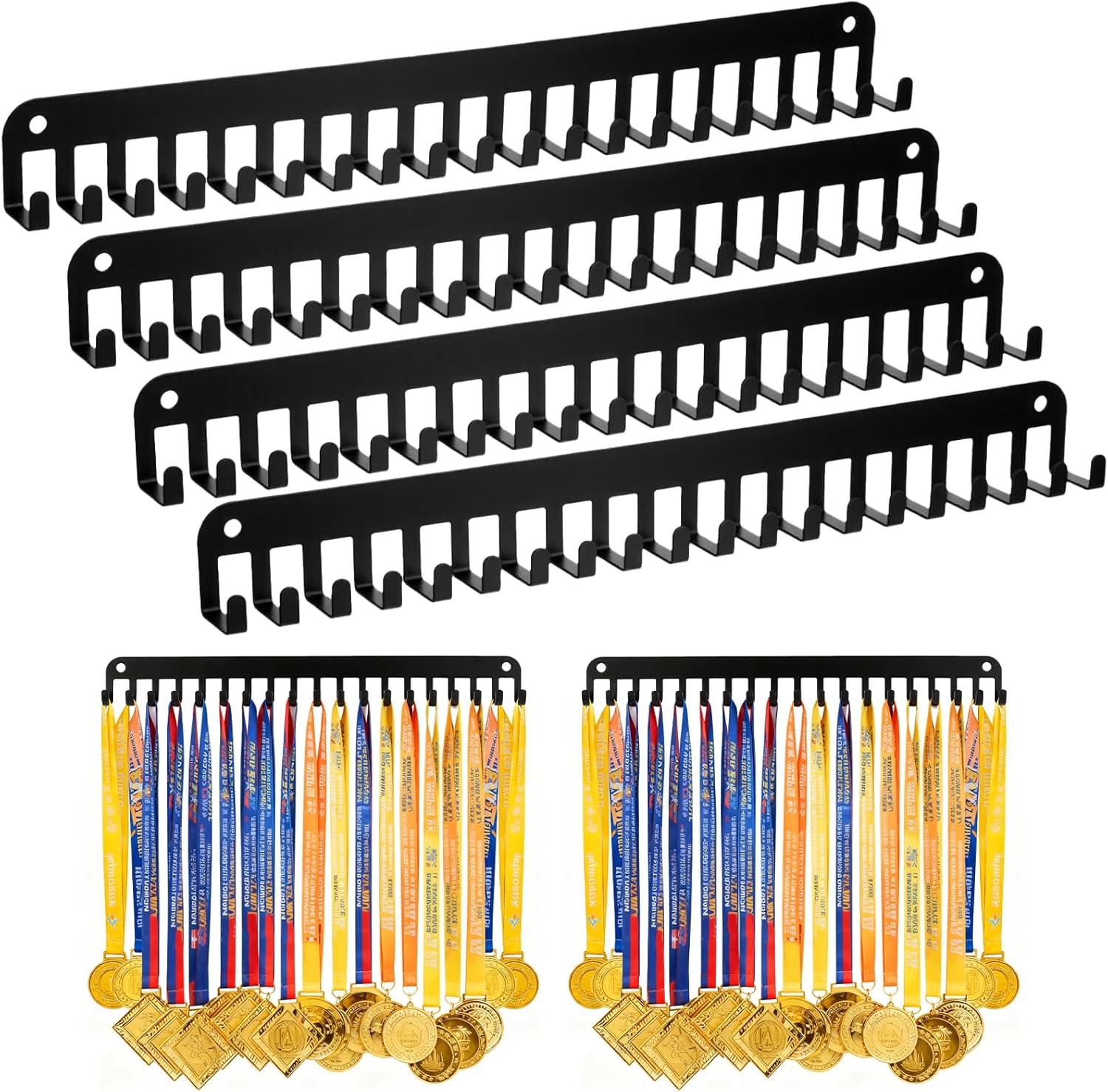 4 Pack Medal Holder Hanger Display with 20 Hooks Wall Mounted Sport Metal Medal Display Hanger Rack for Running Marathon Gymnastics Soccer Wrestling Black