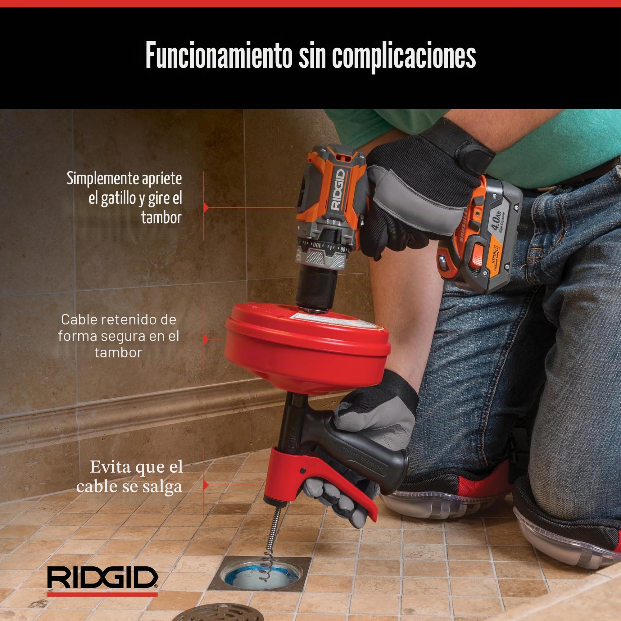 RIDGID 57043 Power Spin con AUTOFEED, Cable limpiador de desagües Maxcore y Cable helicoidal de bombilla para limpieza de desagües para eliminar obstrucciones en desagües