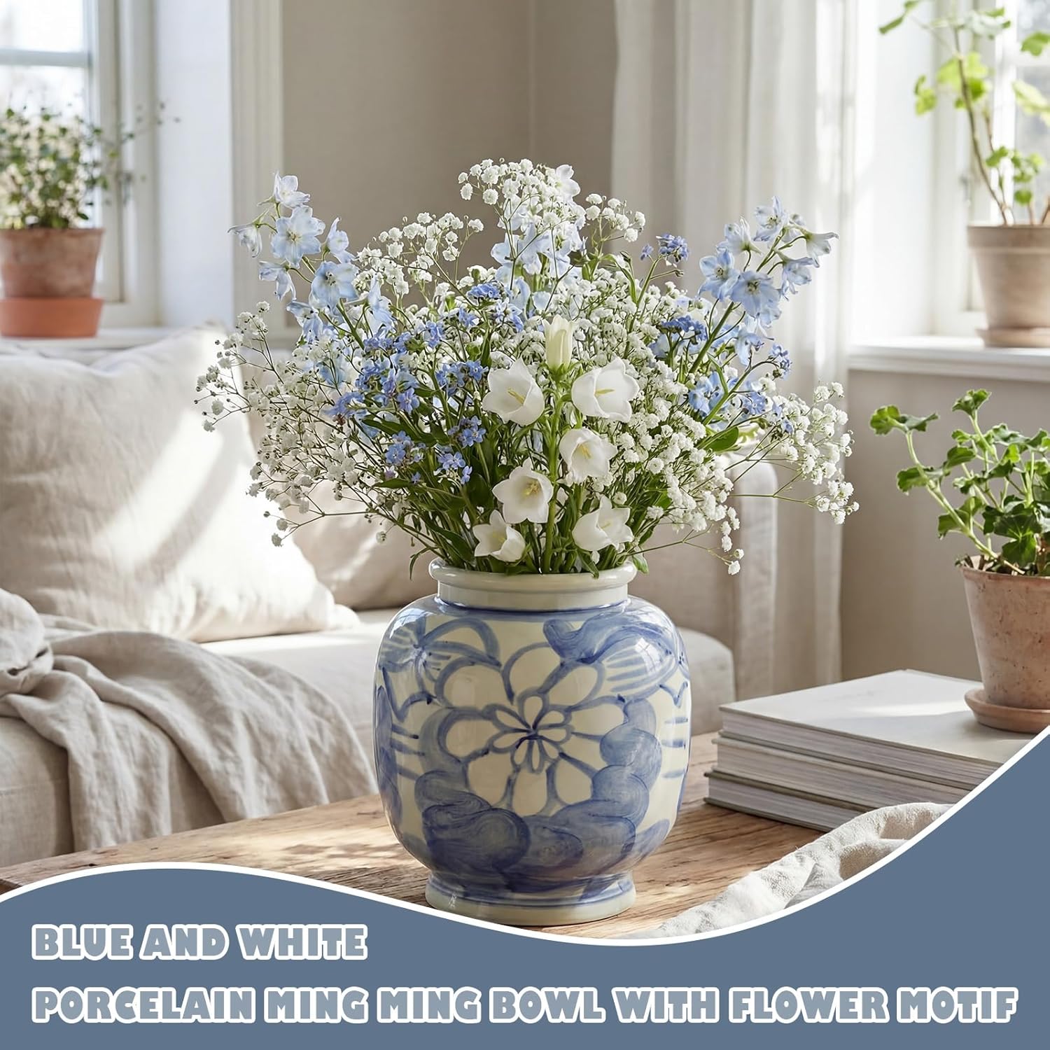 Blue and White Flower Vase 10 Inch Hand Painted Porcelain Table Vase with Chinoiserie Floral Pattern for Living Room Bookshelf Fireplace Table Decoration