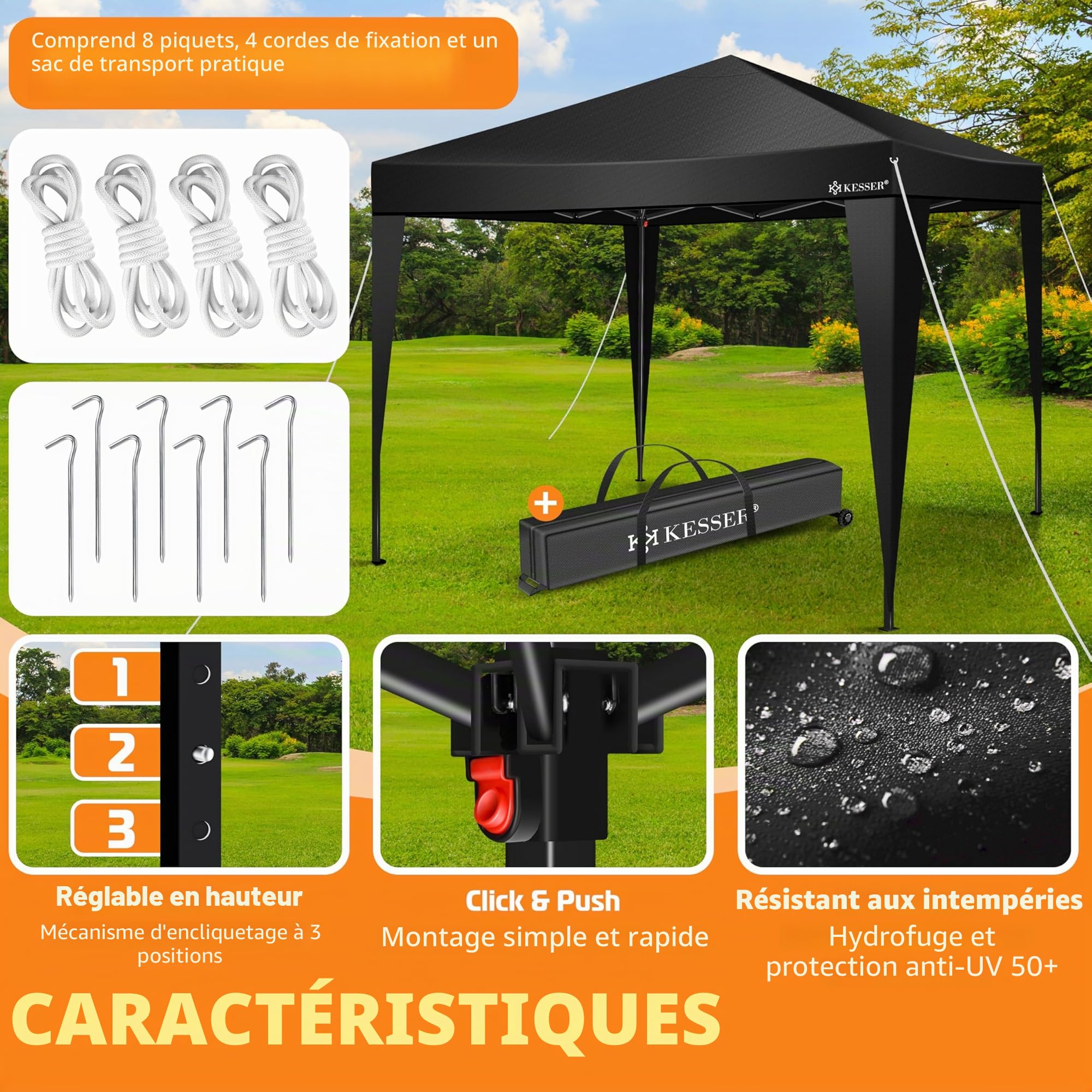 KESSER® Pavillon Pliable 3x3m | Pop-Up Réglable en Hauteur Stable Etanche Résistant à l'hiver | Protection UV 50+ y Compris Sac avec roulettes & ancrage au Sol - Noir/Noir