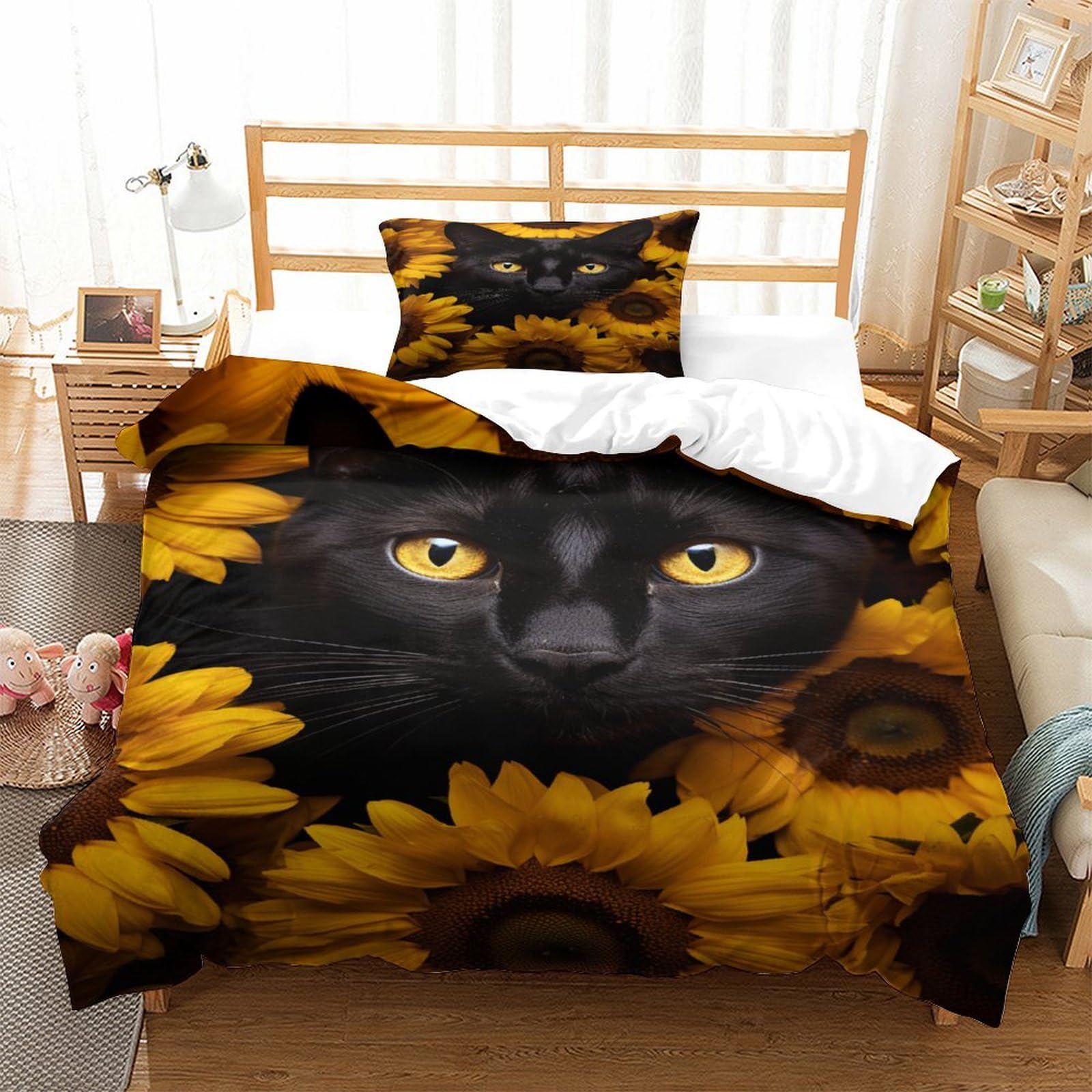 P1S9U7W5Y Vivid Sunflower Cat 3D Printed Duvet Cover Set 3pcs Microfiber Cat Bedding Set Single