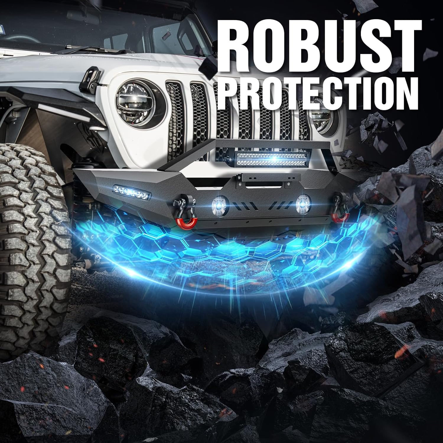 for JL Front Bumper with Skid Plate Compatible with 2018 2019 2020 2021 2022 2023 2024 2025 2026 Jeep Wrangler JL JLU with Winch Plate, License Plate Frame, LED Lights, Fog Light Hole & D-rings