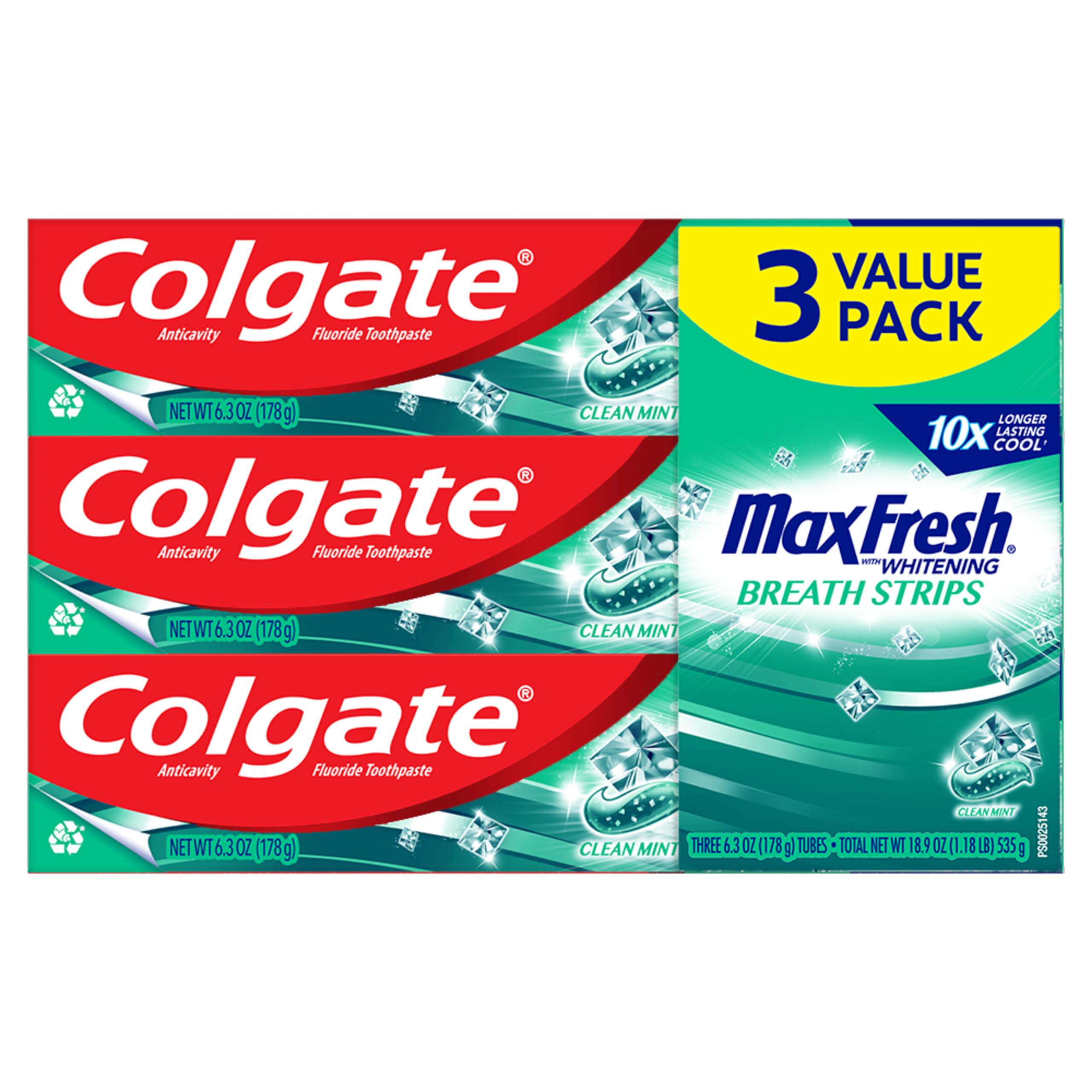 Colgate Max Fresh with Whitening Toothpaste with Mini Breath Strips, Clean Mint Toothpaste for Bad Breath, 6.3 Oz Tube. 3 Pack Clean Mint 6.3 Ounce (Pack of 3)
